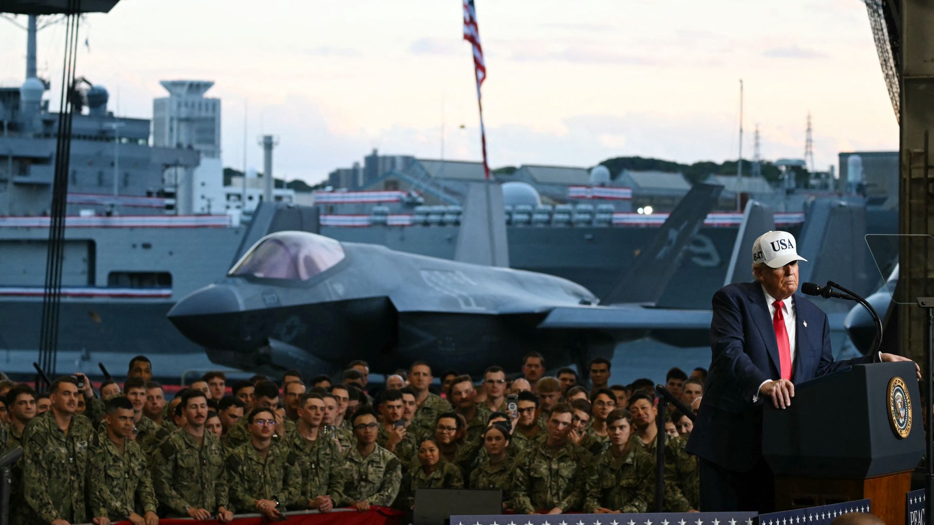 S President Donald Trump delivers a speech in front of US Navy personnel on board the US Navy's USS George Washington aircraft carrier at the US naval base in Yokosuka on October 28, 2025. (Photo by ANDREW CABALLERO-REYNOLDS / AFP) (Photo by ANDREW CABALLERO-REYNOLDS/AFP via Getty Images)