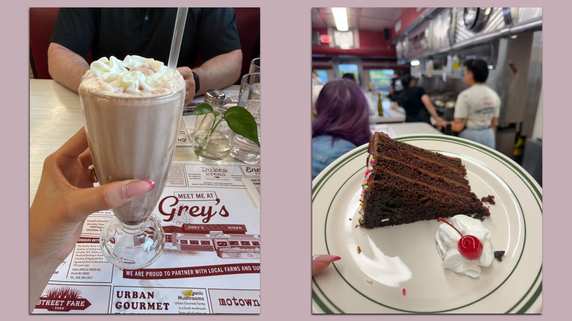 Two-panel diner scene: left shows a milkshake topped with whipped cream, held by a hand over a placemat; right shows a slice of chocolate cake with sprinkles and a cherry on the plate.