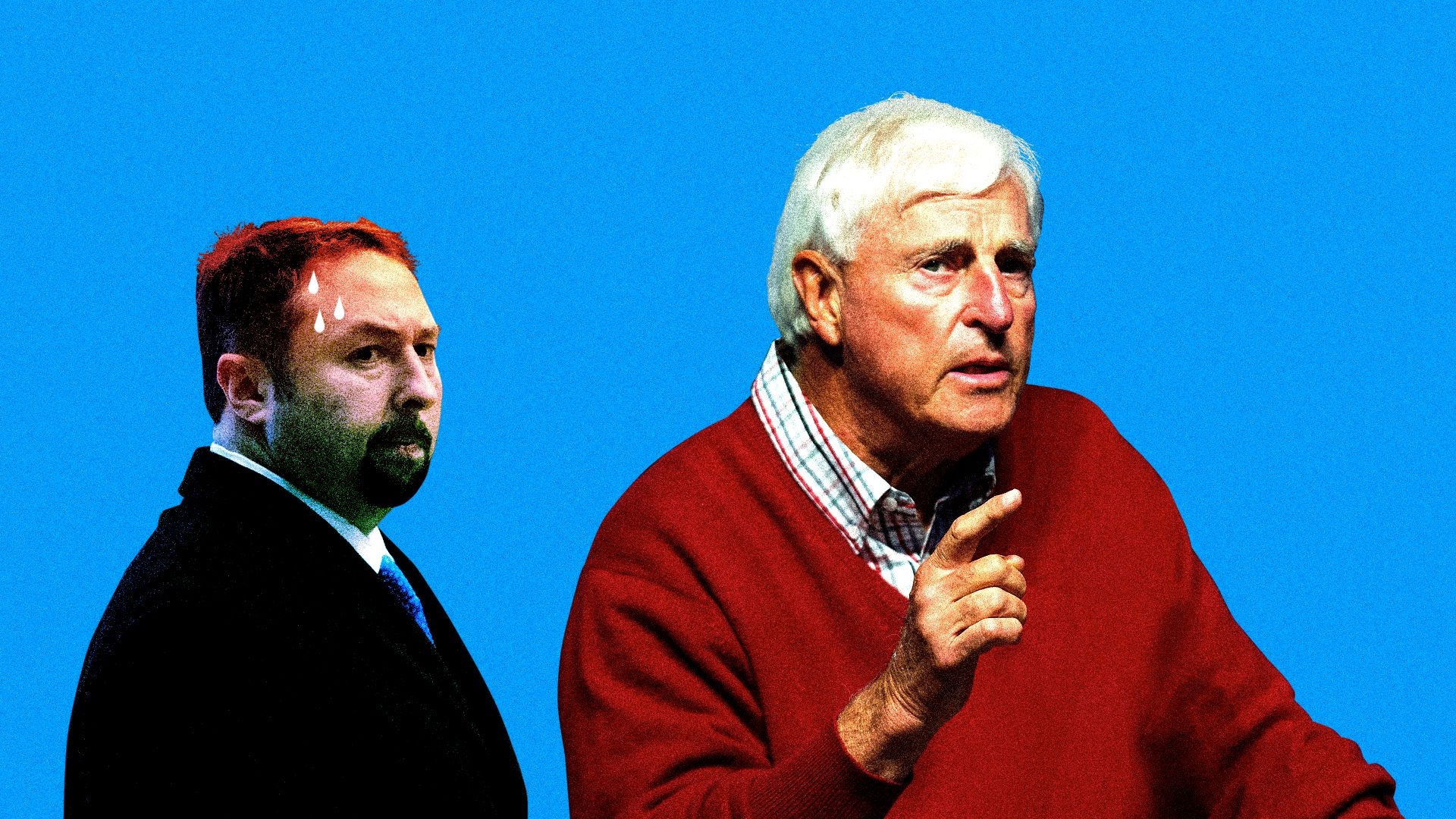 Jason Miller sweating as he stands beside the legendary college basketball coach Bobby Knight.