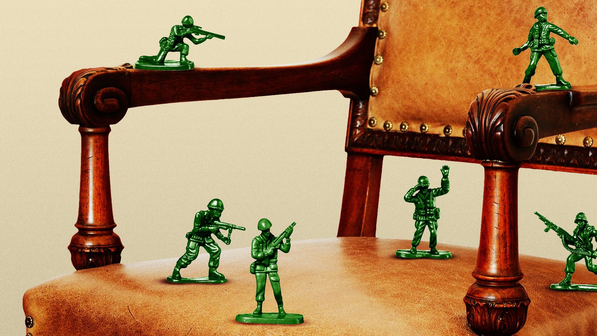 Illustration of toy soldiers spread out over a leather senate seat. 