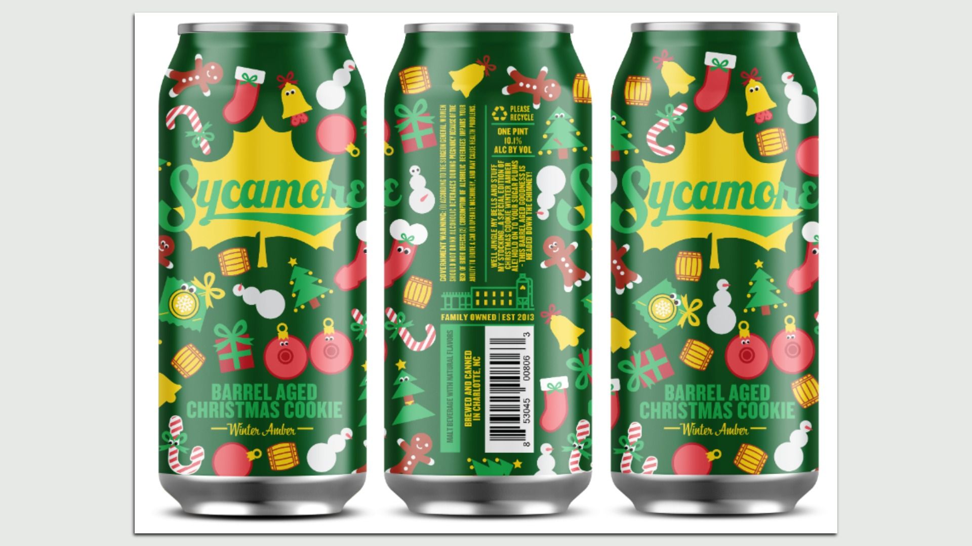 Green cans with festive Christmas cookie-themed illustrations including stockings, gingerbread men, candy canes, bells, gifts, snowmen, and trees. Label text: Sycamore, Barrel Aged Christmas Cookie, Winter Amber.