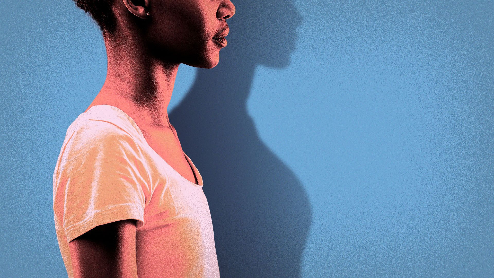 Illustration of a woman who has had her breasts removed, casting a shadow of a woman with a larger breasts. 