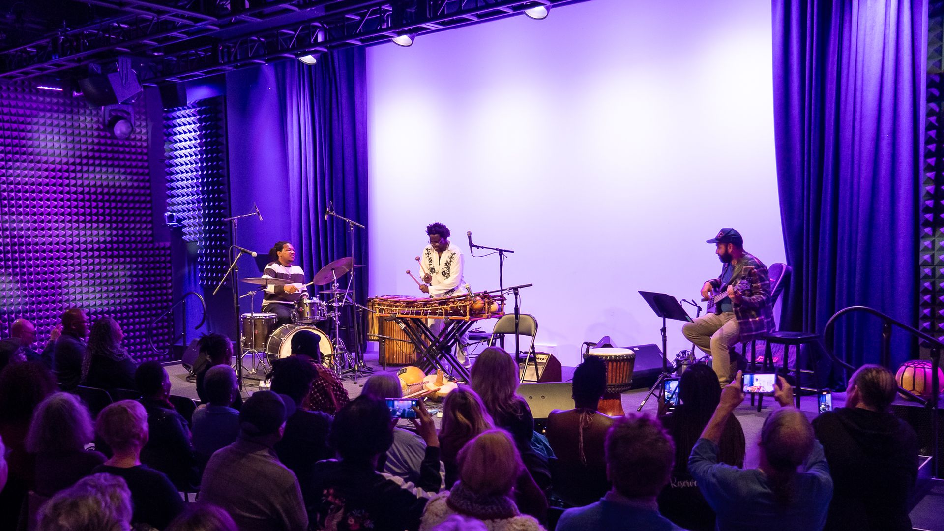 The Adama Bilorou Trio performs on stage.