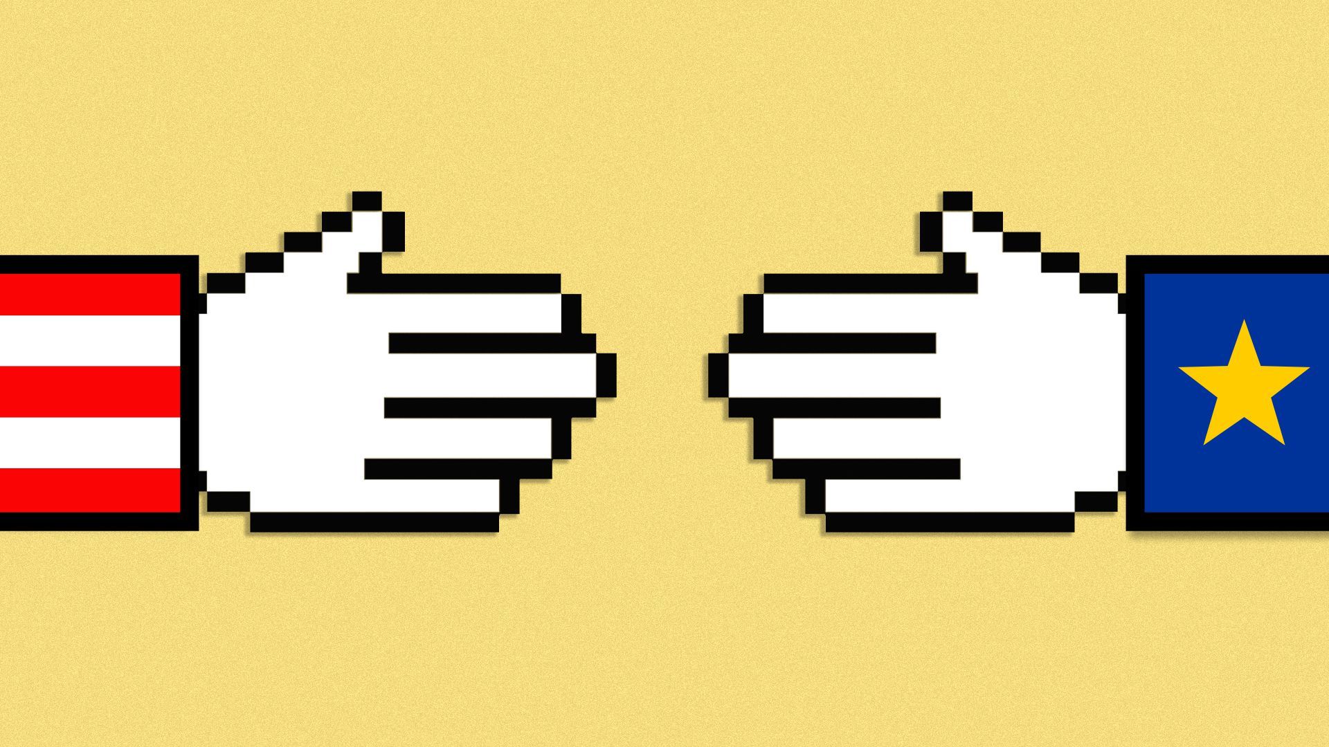 Illustration of two cursors shaking hands, with sleeves showing the US and European Union flags.