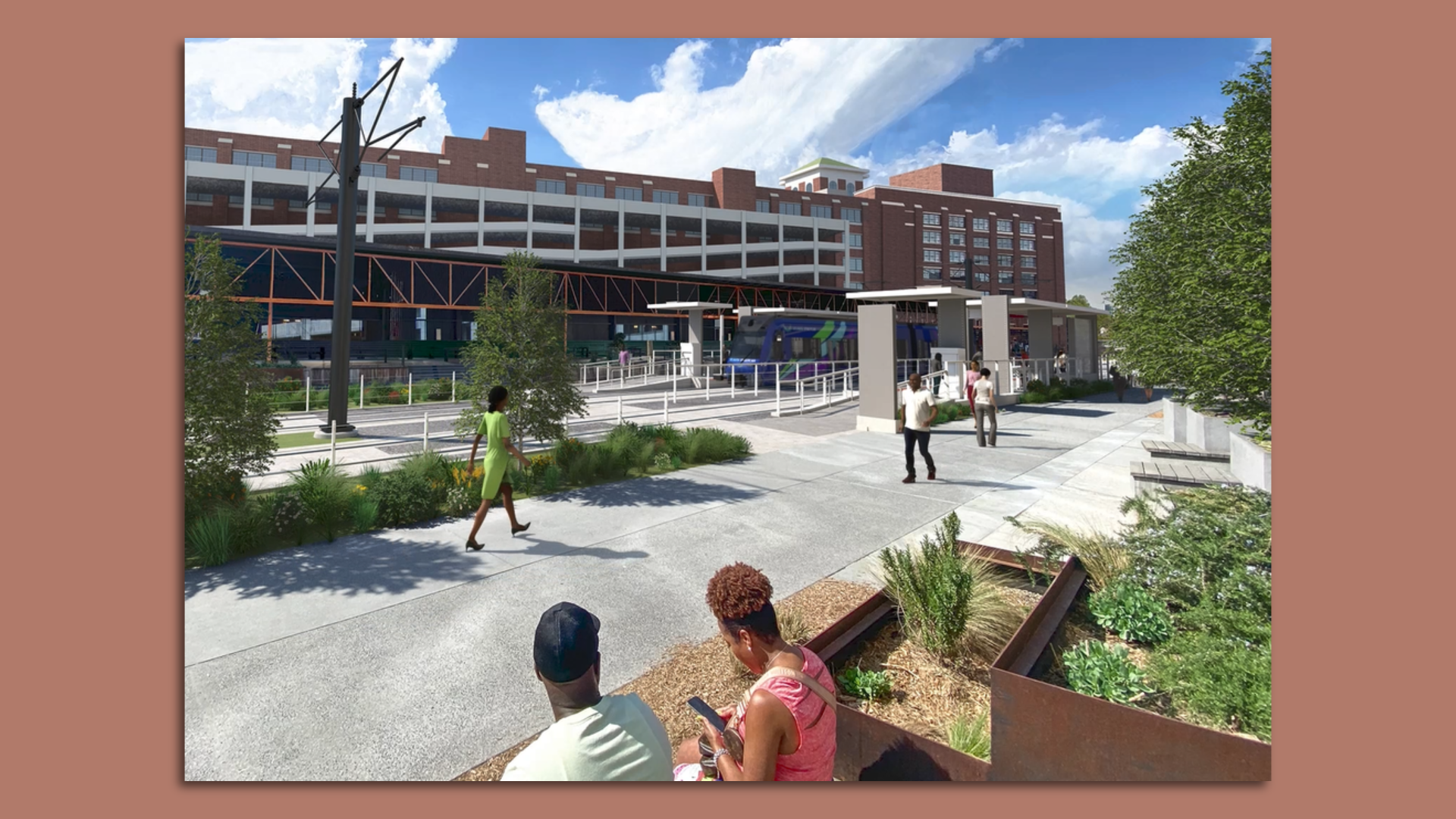 A rendering of a paved path called the Eastside Trail with people walking near a streetcar stop at Ponce City Market