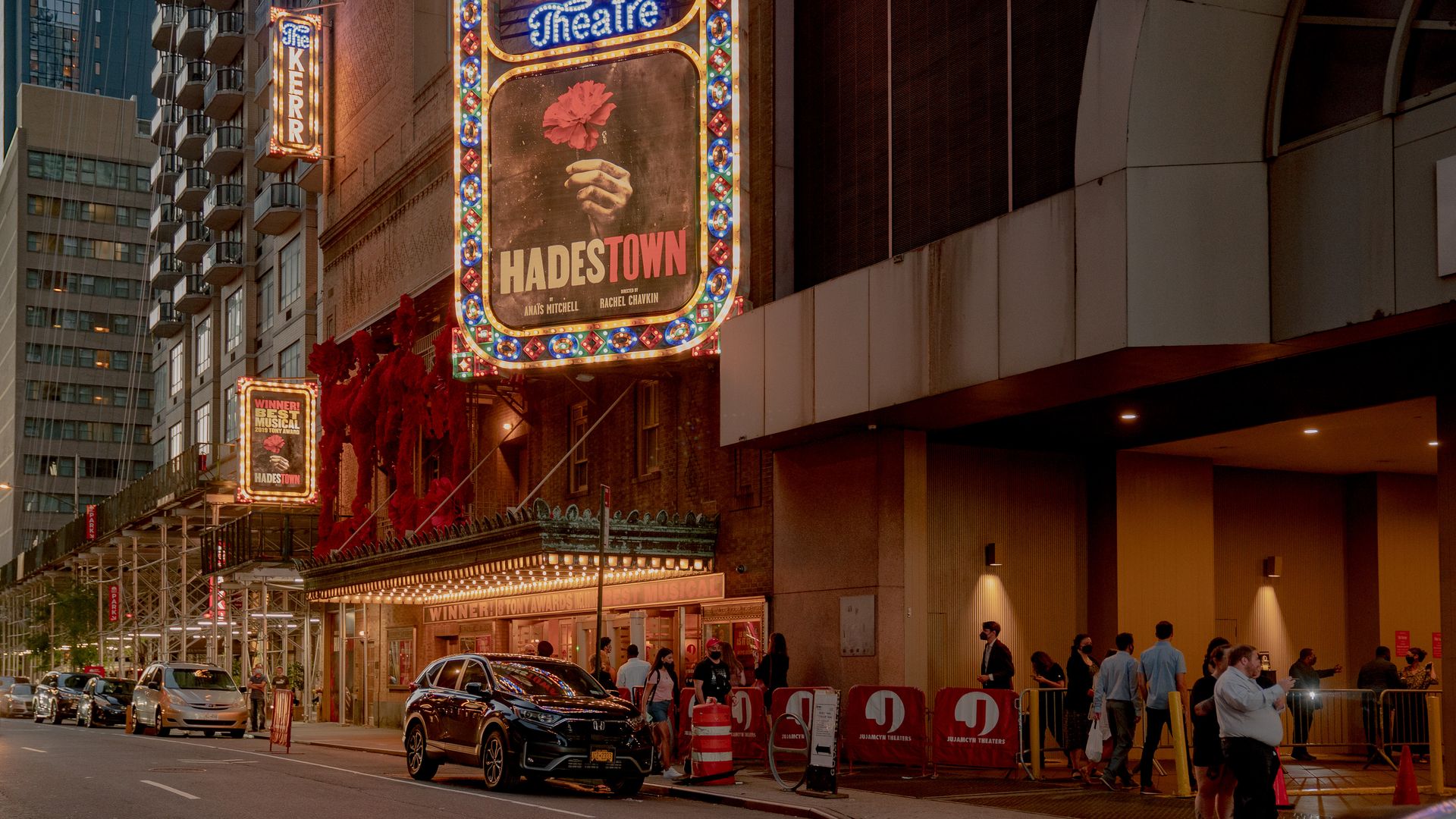 The scene outside the Hadestown theater.