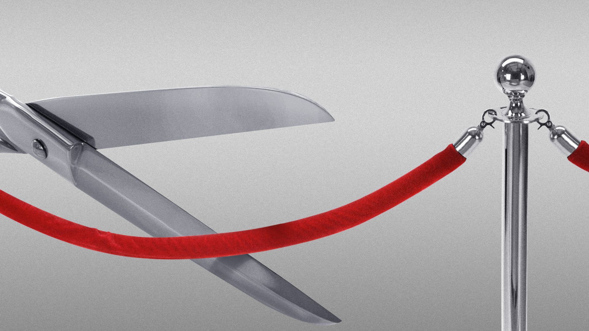 Illustration of a pair of scissors about to cut a velvet rope barrier.
