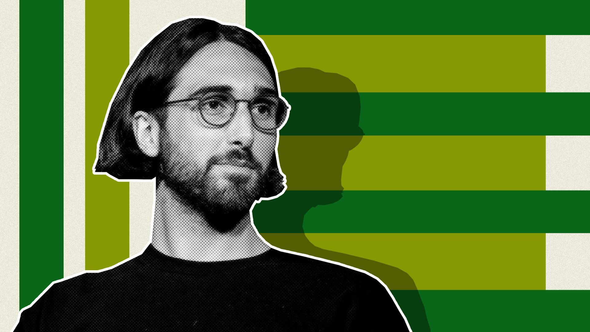 Photo illustration of Aidan Gomez, CEO of Cohere, in front of graphic shapes. 