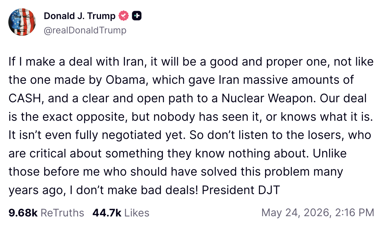 Tweet-style post arguing about an Iran deal, contrasting it with Obama's, citing CASH and a path to a nuclear weapon; ends with "President DJT". Flag-pattern avatar.