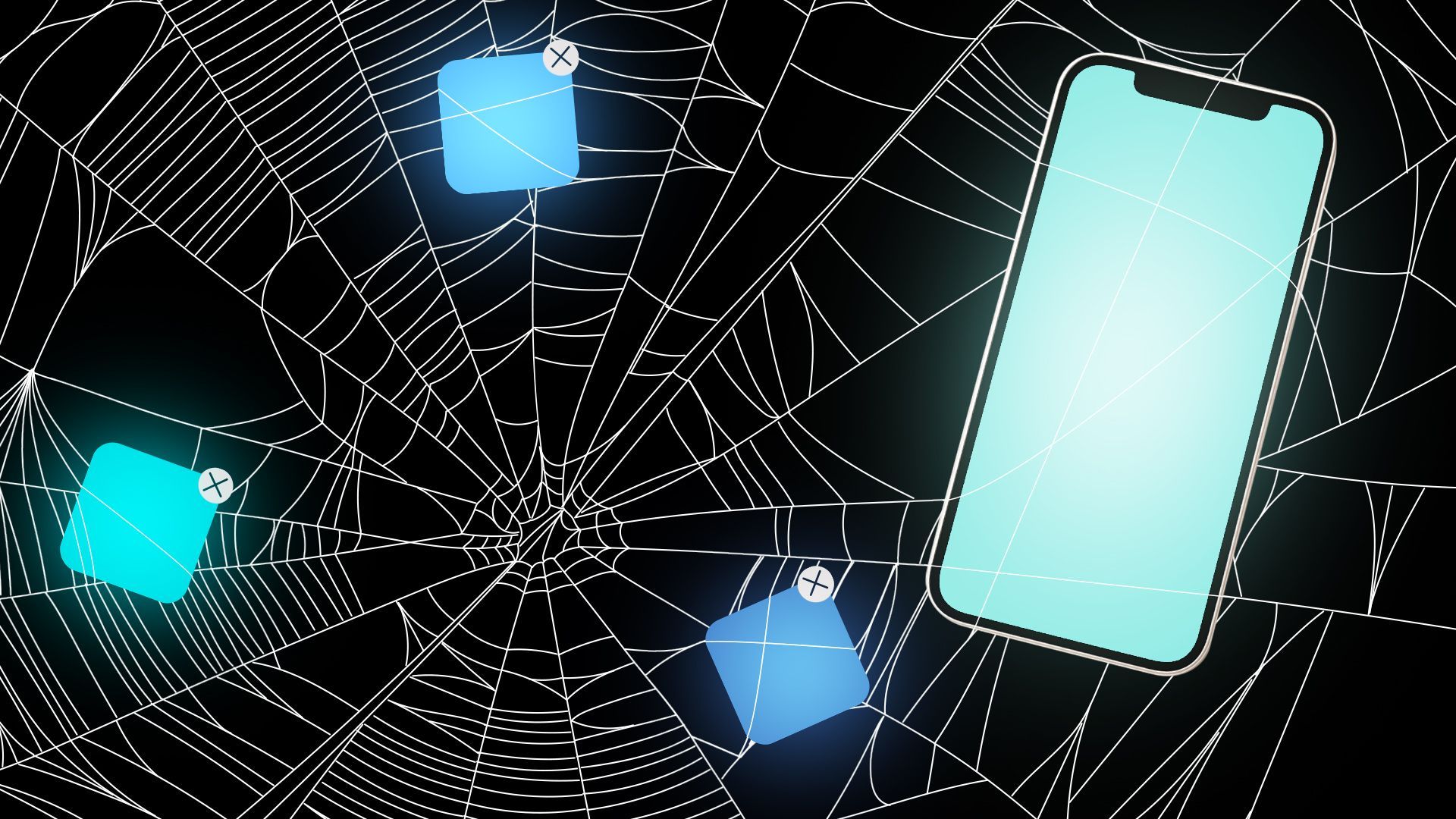 Illustration of a glowing phone and various app icons in the ByteDance logo colors all trapped and tangled in a spider web.
