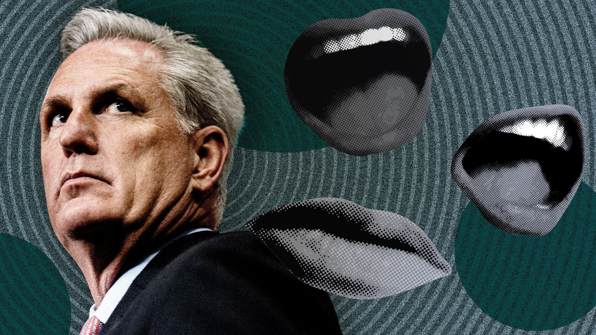 Photo illustration of Kevin McCarthy surrounded by mouths and abstract shapes.