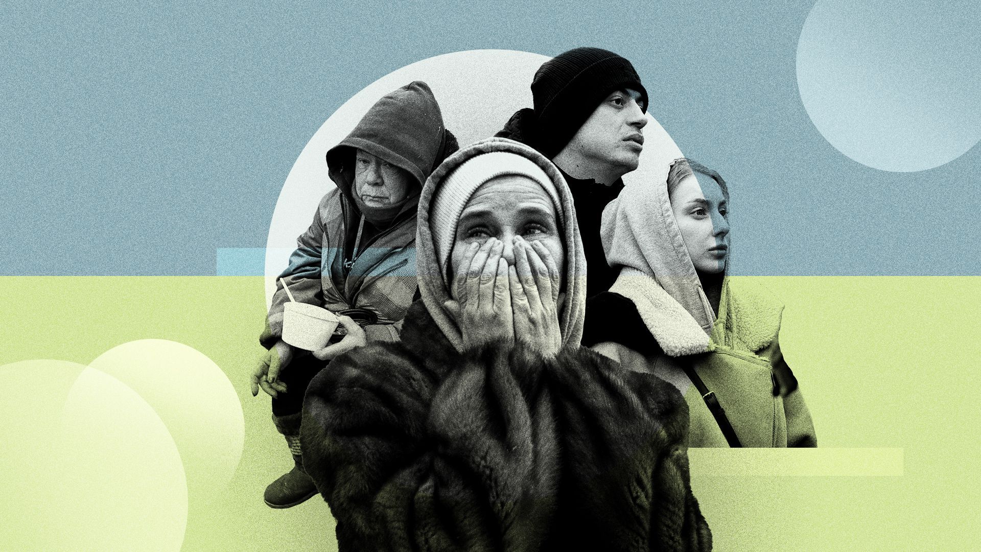 Photo illustration of various Ukrainian people set against background shapes and colors similar to the Ukrainian flag