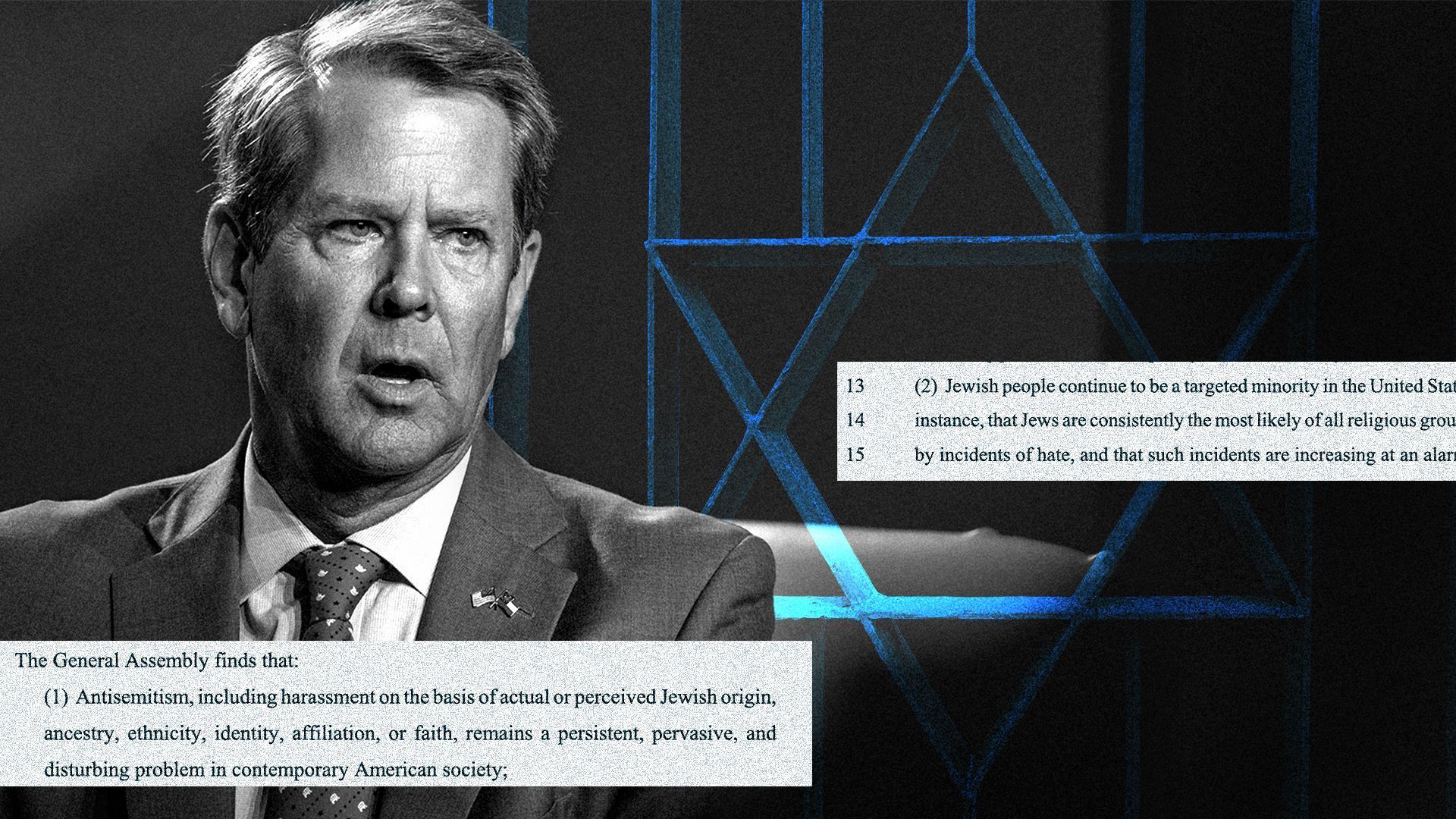 Graphic with Gov. Brian Kemp surrounded by passages from a bill defining antisemitism