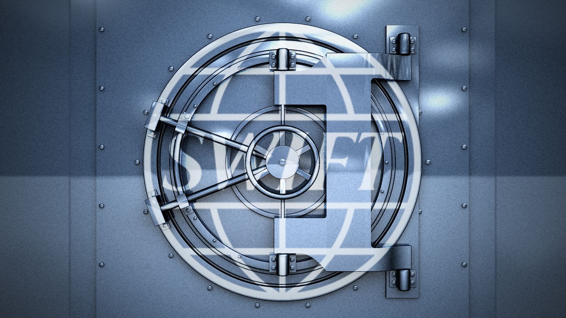  Illustration of a locked bank vault with the SWIFT logo. 