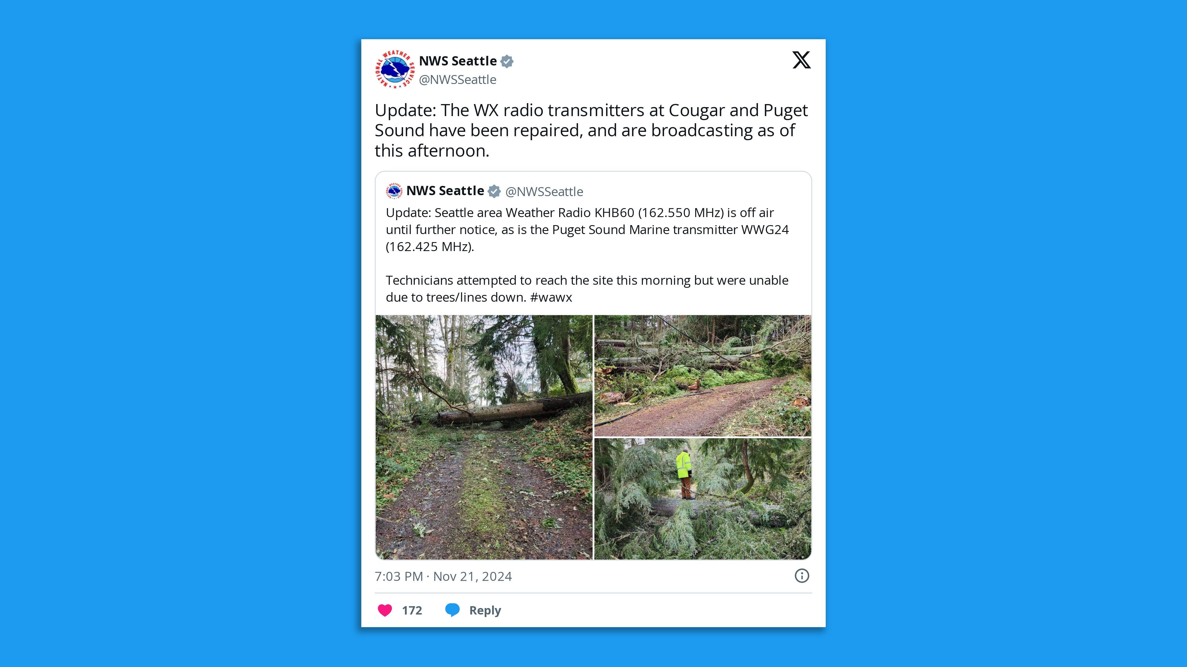 A screenshot of an NWS Seattle tweet showing downed trees, saying in part: "Update: The WX radio transmitters at Cougar and Puget Sound have been repaired, and are broadcasting as of this afternoon."