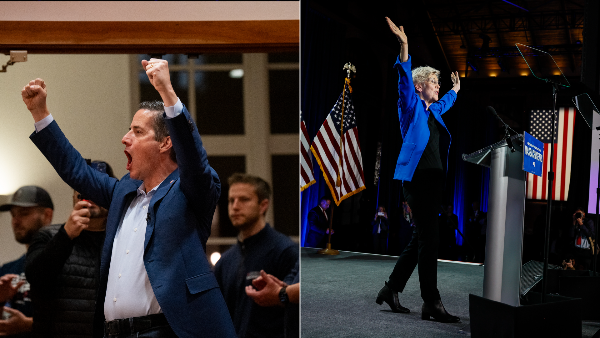 Two politicians in two separate photos, arms up, celebrating, both in suits. 