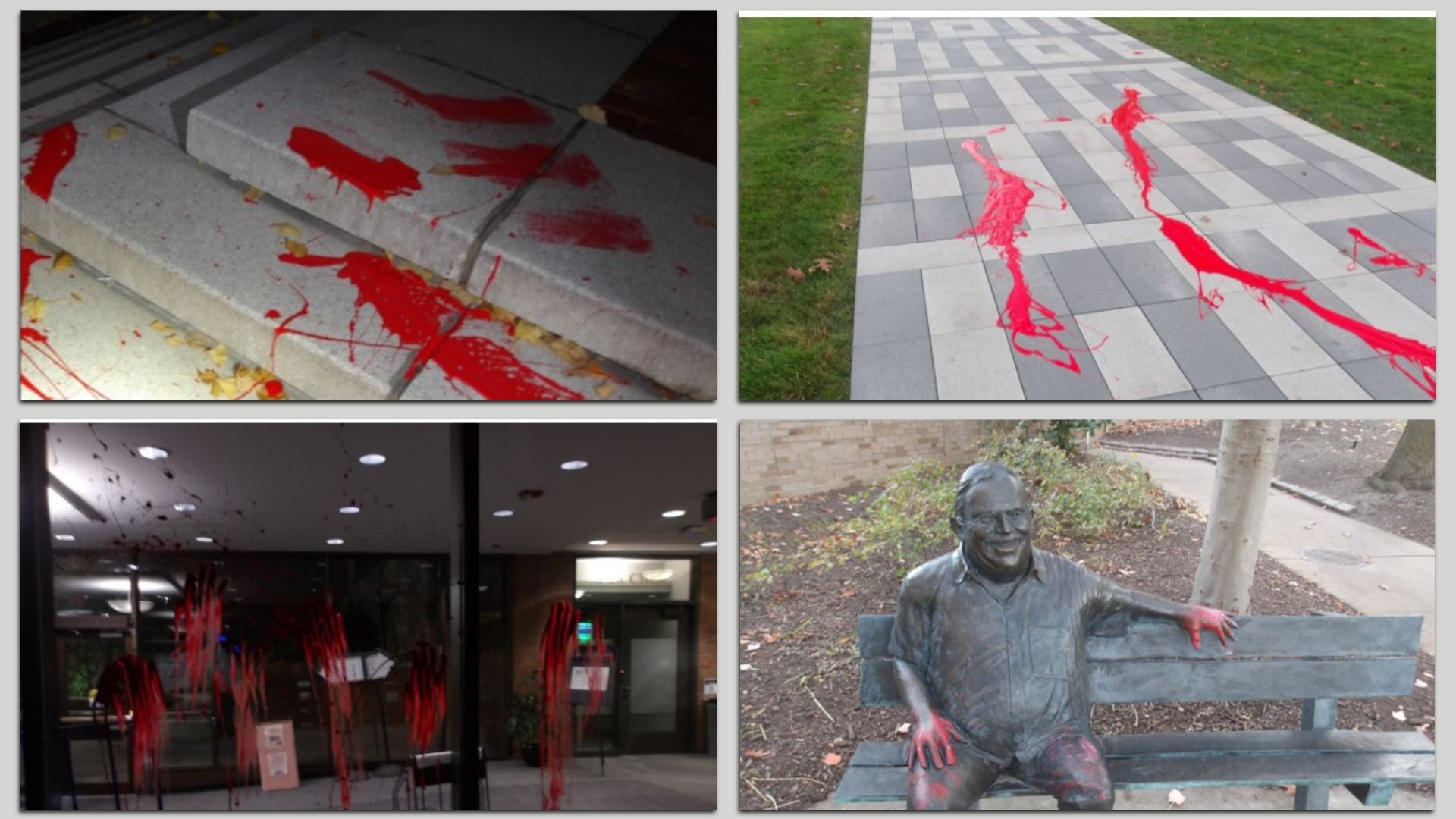 Collage of four images showing red paint splattered on stone steps, tiled pavement, glass doors with handprints, and a bench statue with red paint on its hands and legs outdoors.