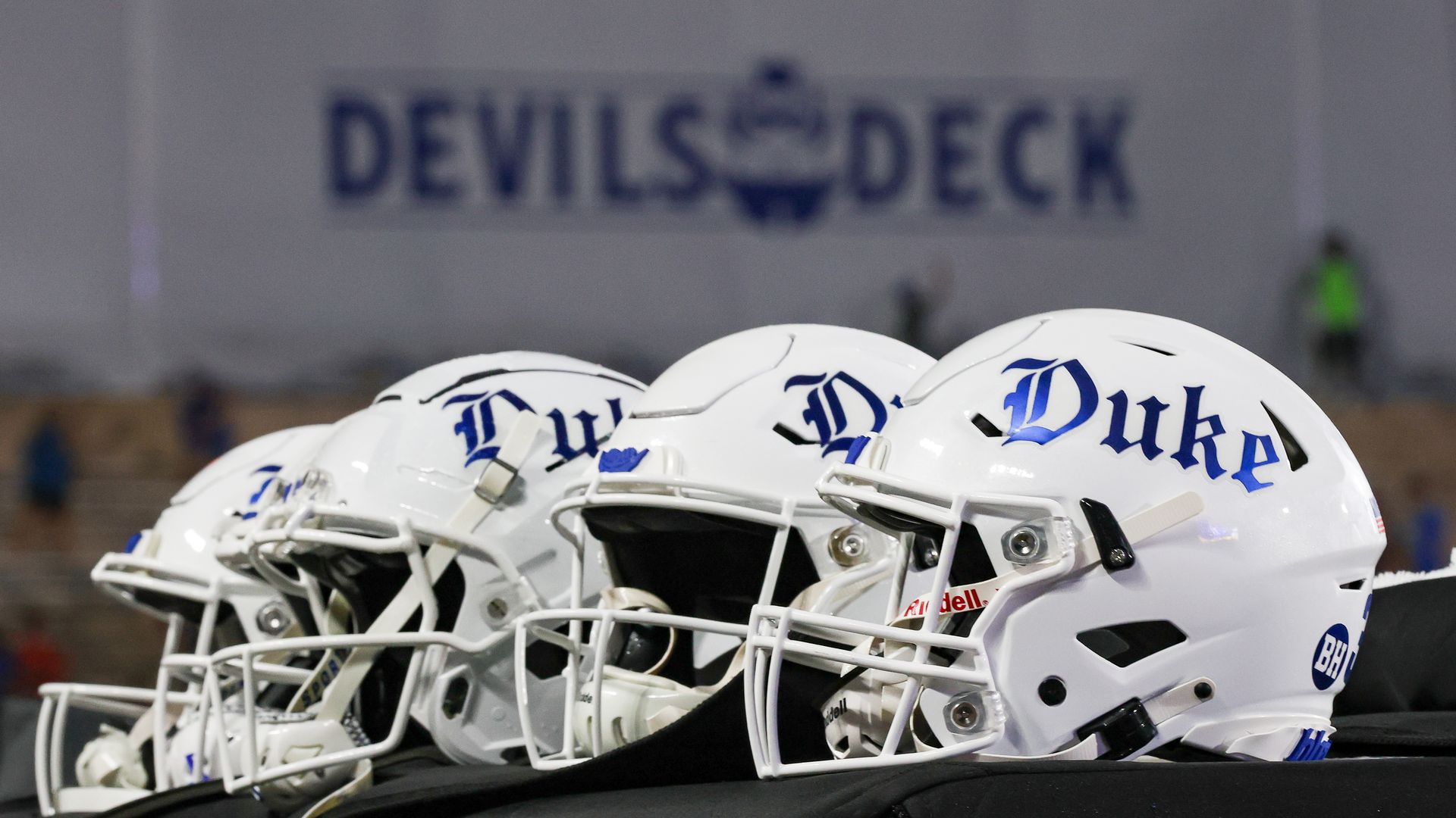 DURHAM, NC - AUGUST 30: Duke Blue Devils helmet sit in front of the new Devils Deck during the college football game between the Duke Blue Devils and the Elon Phoenix on August 30, 2024 at Wallace Wade Stadium in Durham, NC. (Photo by Nicholas Faulkner/Icon Sportswire via Getty Images)