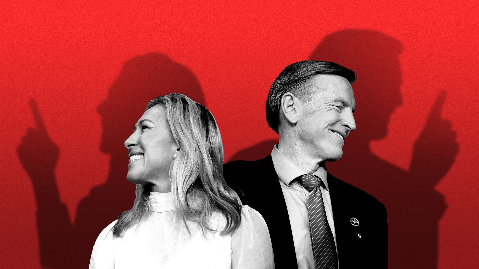 Photo illustration of Rep. Marjorie Taylor Greene (R-GA) and Rep. Paul Gosar (R-AZ) casting shadows with fingers held up
