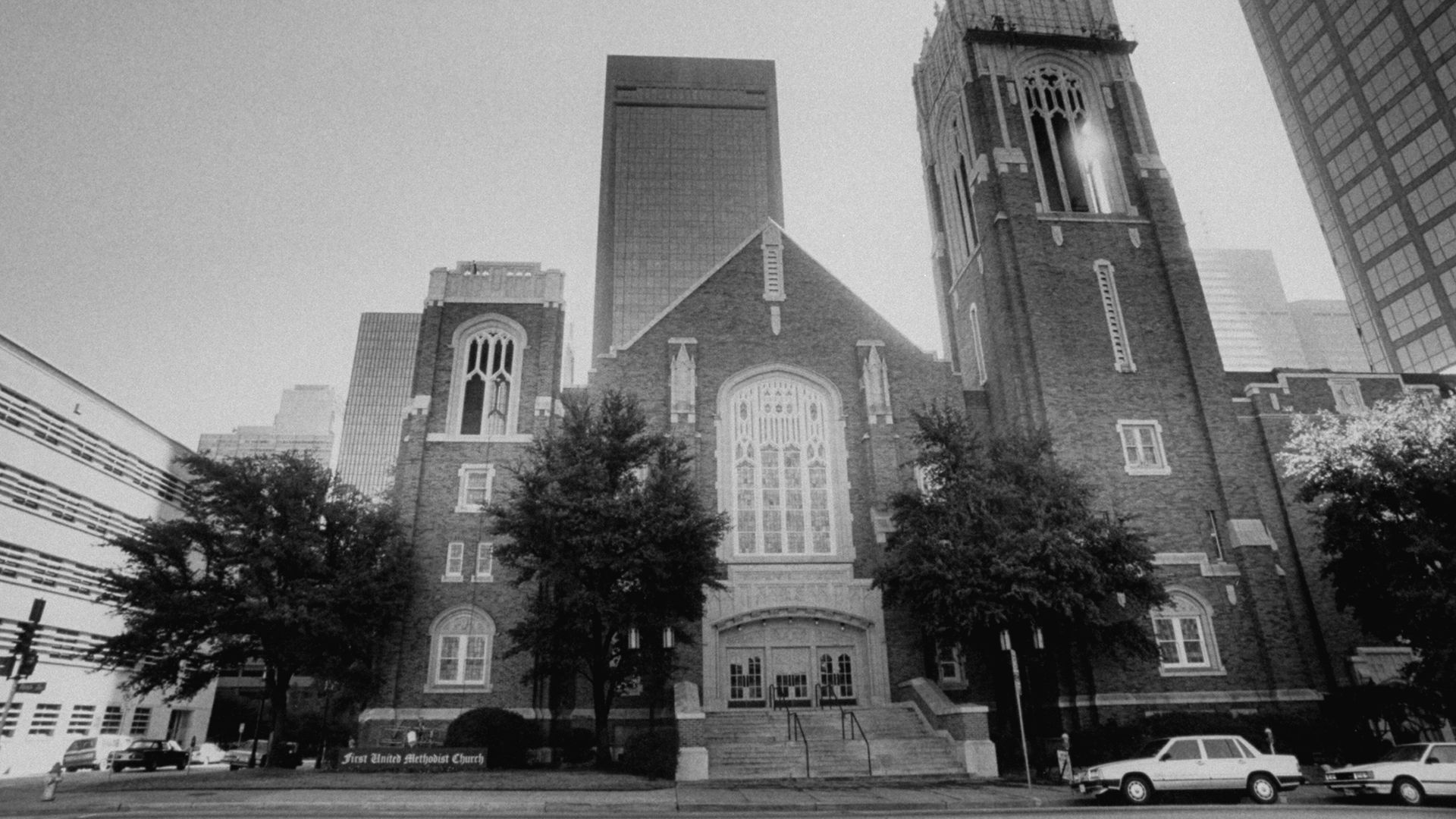A black and white photo of the Methodist church in downtown Dallas