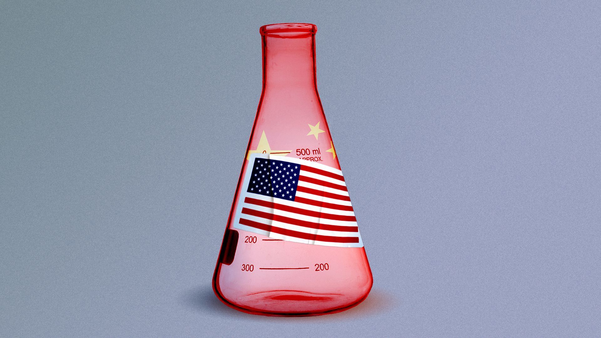 Illustration of a beaker made from a Chinese flag pattern with an American flag sticker on top of it.