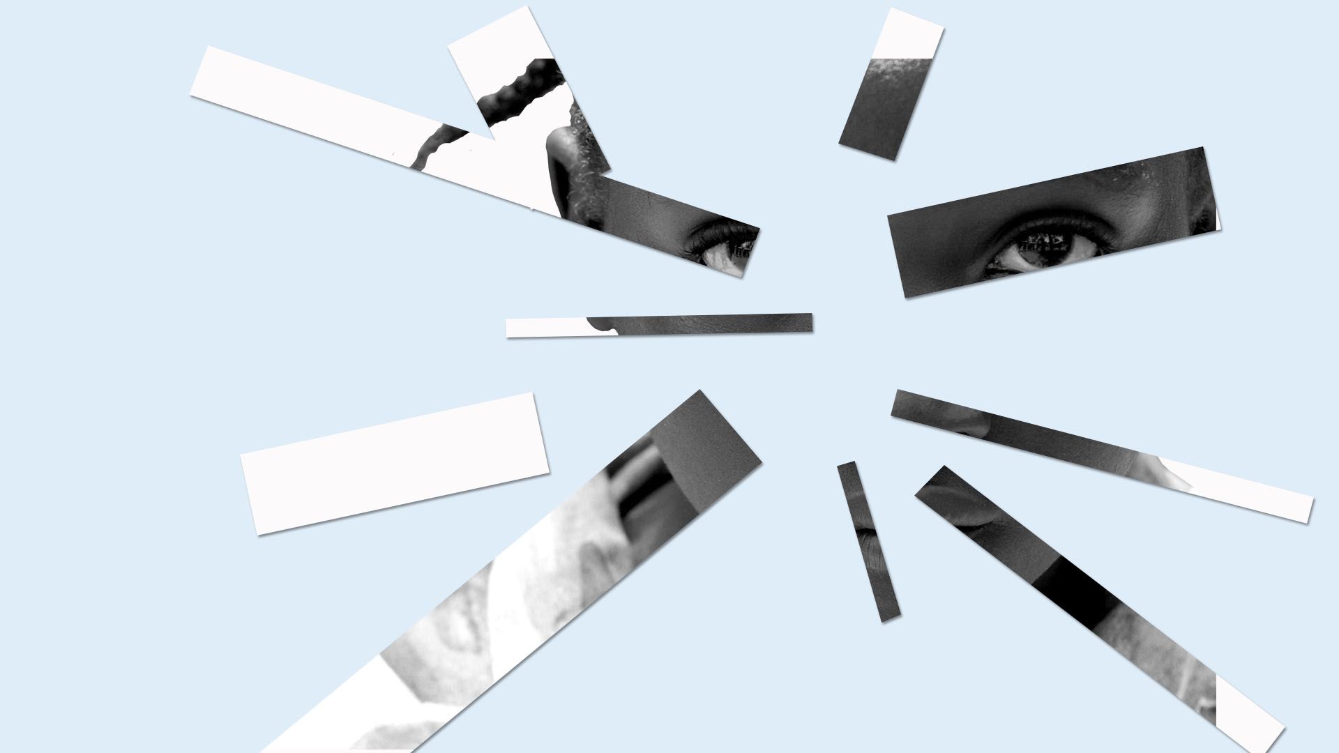 Illustration of black and white photo broken up into pieces