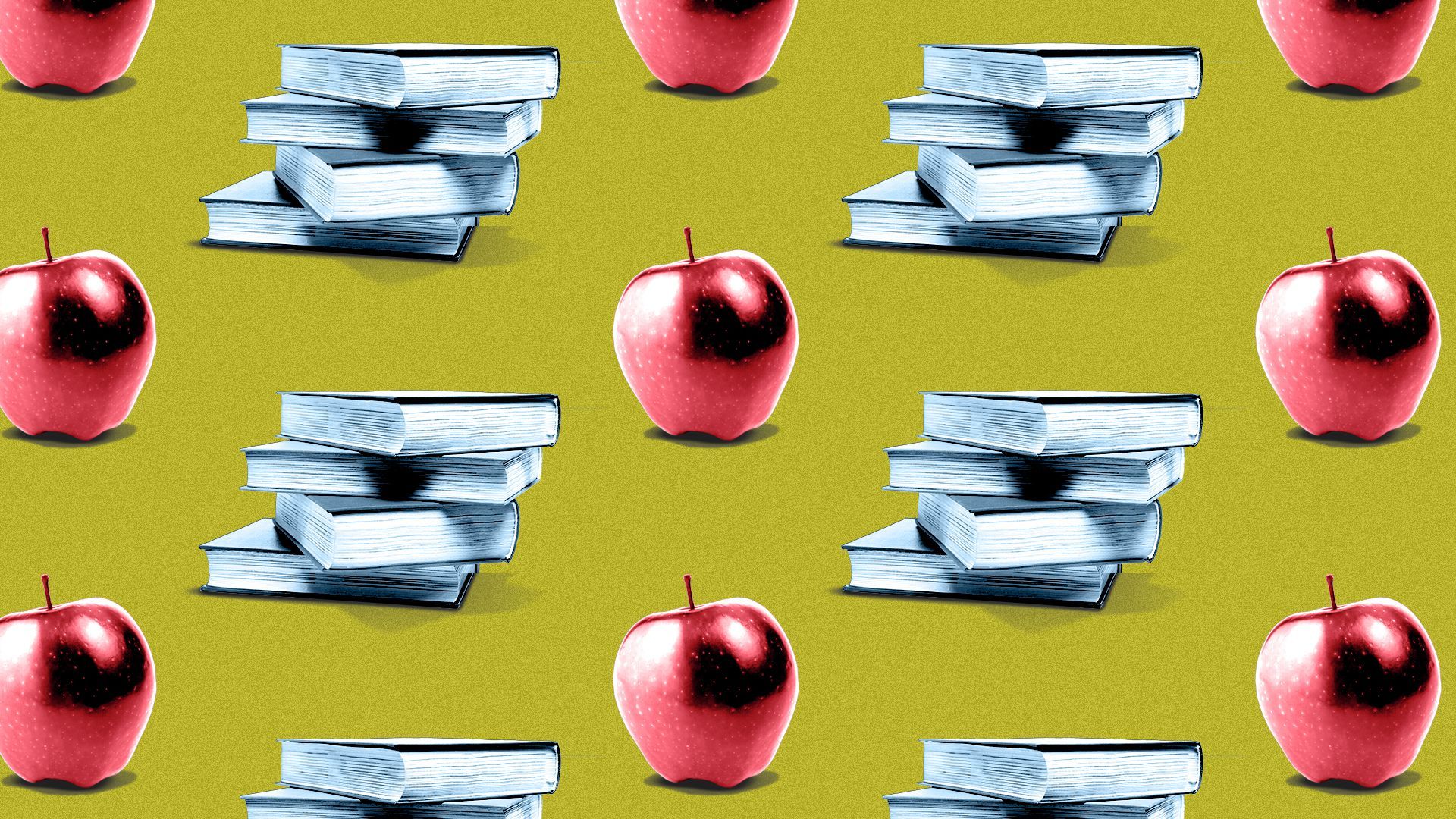 Illustration of a pattern of apples and stacks of textbooks. 