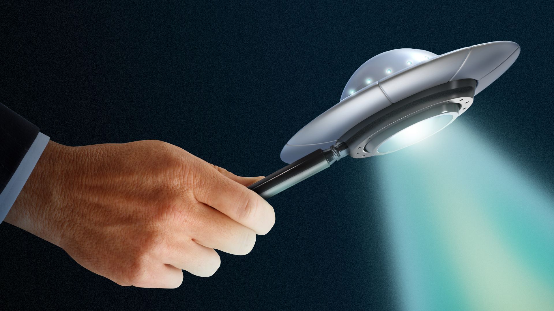 Illustration of a hand holding a magnifying glass that is stylized as a UFO with it's beam lit up. 
