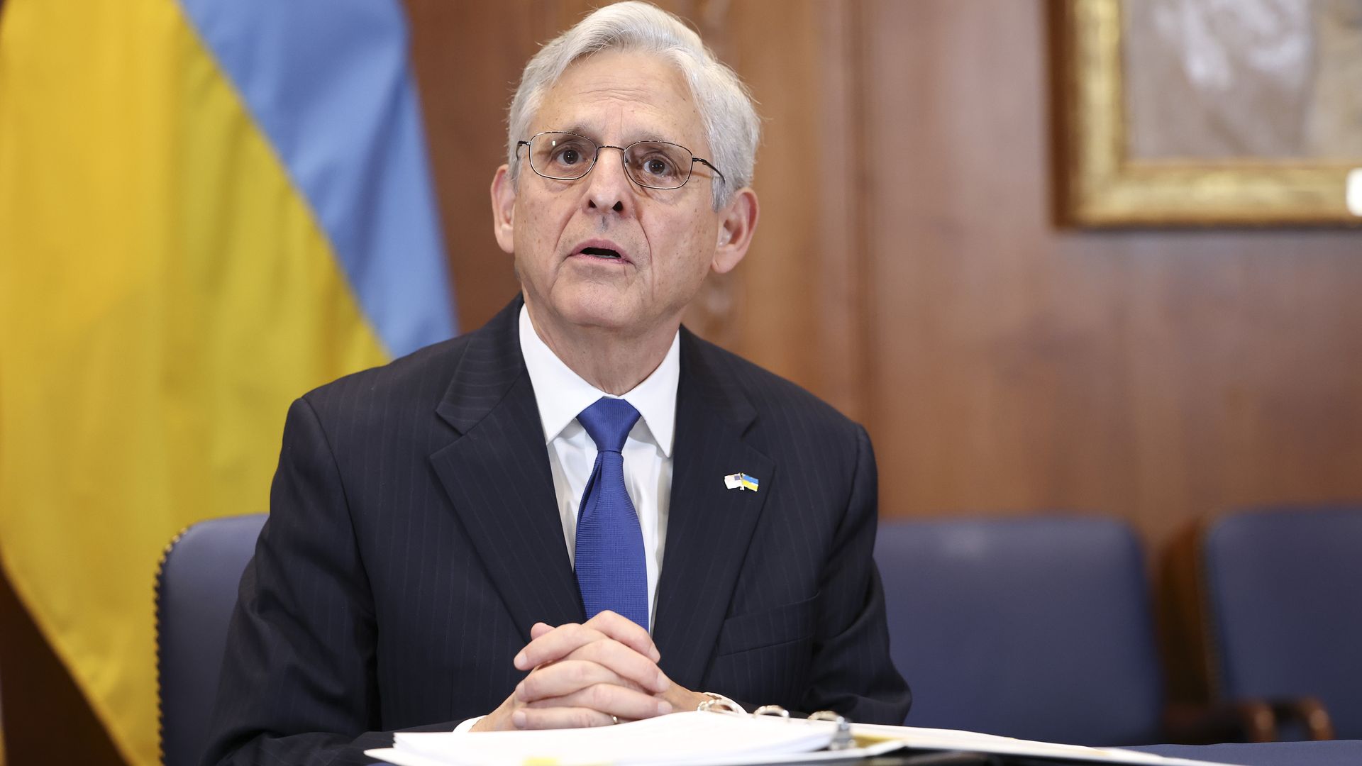 Merrick Garland participating in a signing ceremony with Ukrainian Prosecutor General Andriy Kostin at the Department of Justice in September 2022 in Washington, D.C.