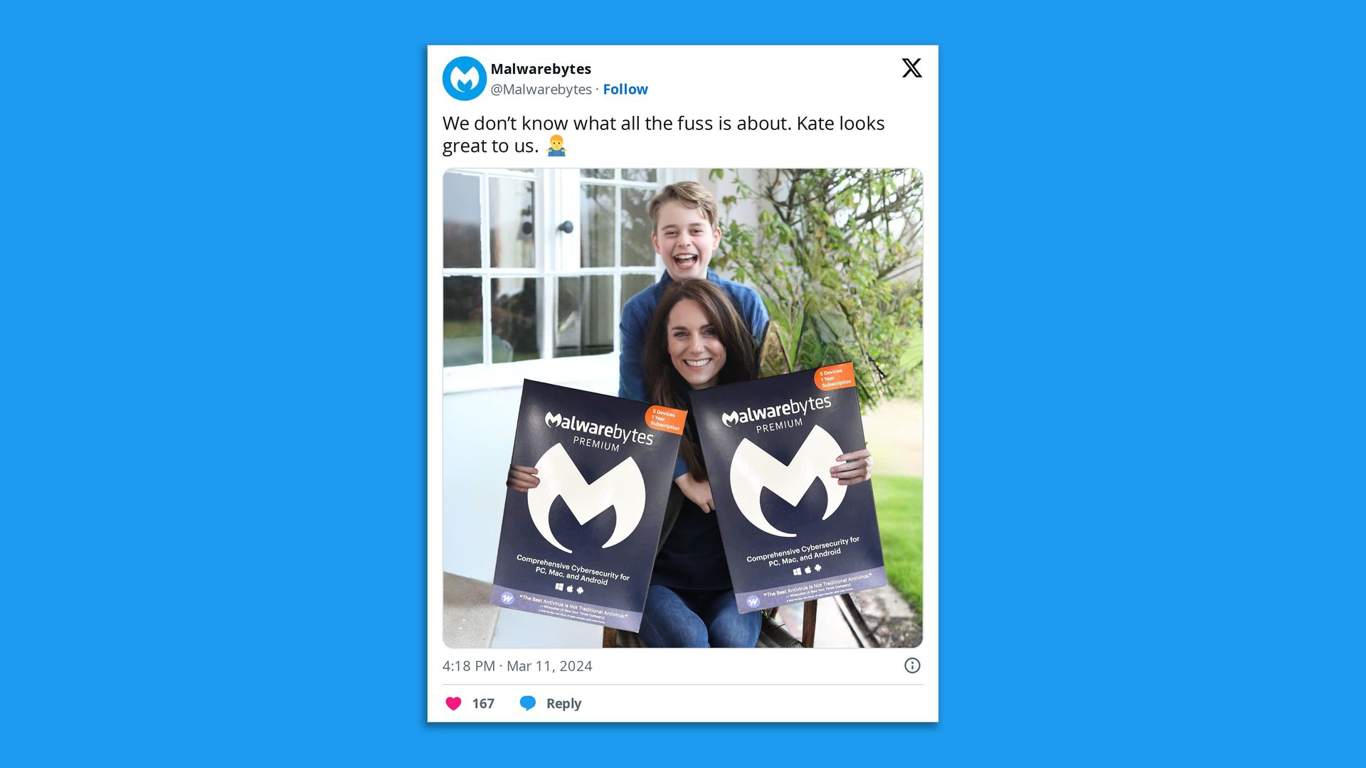 Screenshot of a tweet from Malwarebytes that shows a highly edited photo of Kate Middleton and her son with MalwareBytes' product.
