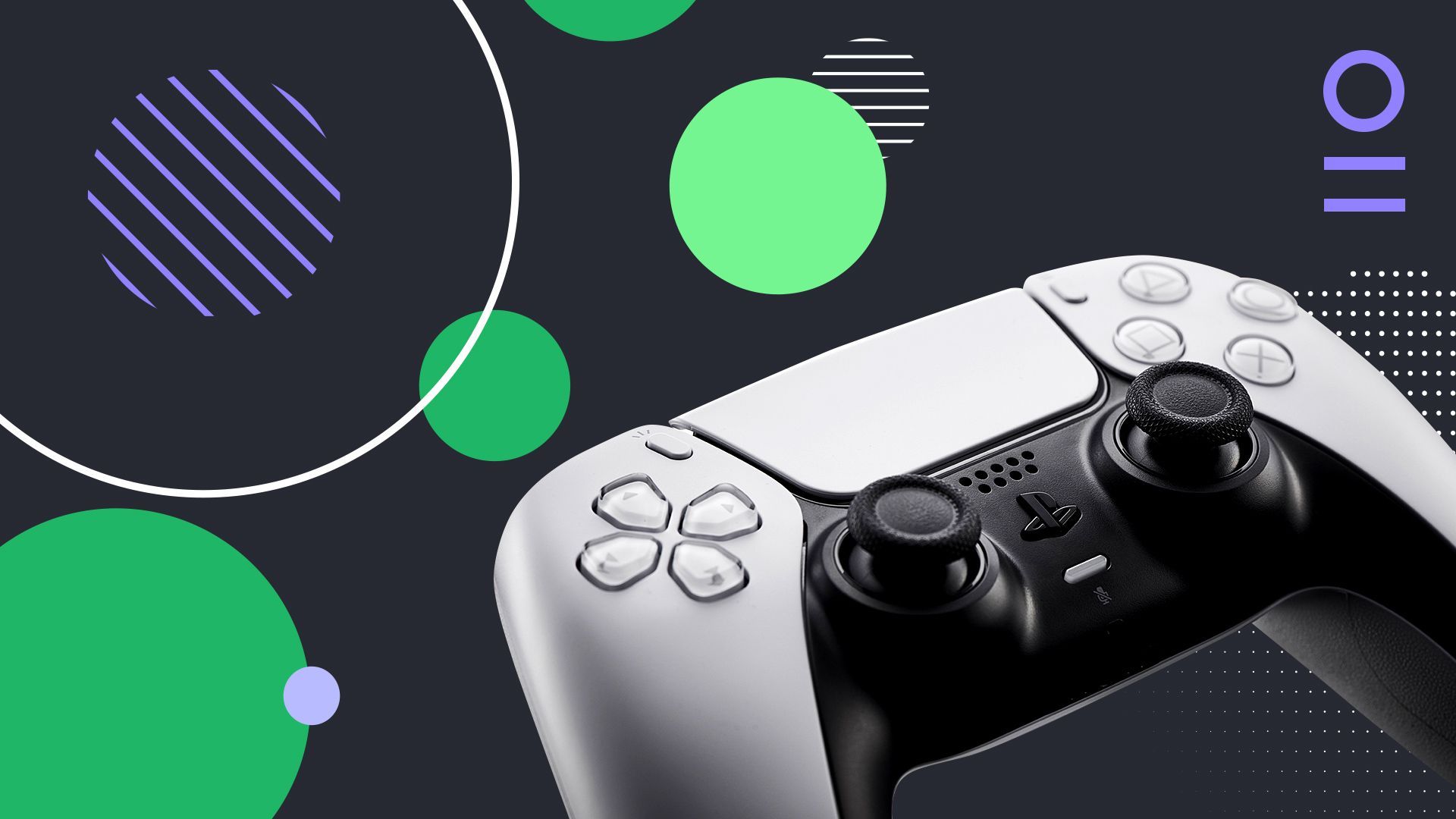 Photo illustration of a PS5 controller and abstract shapes.