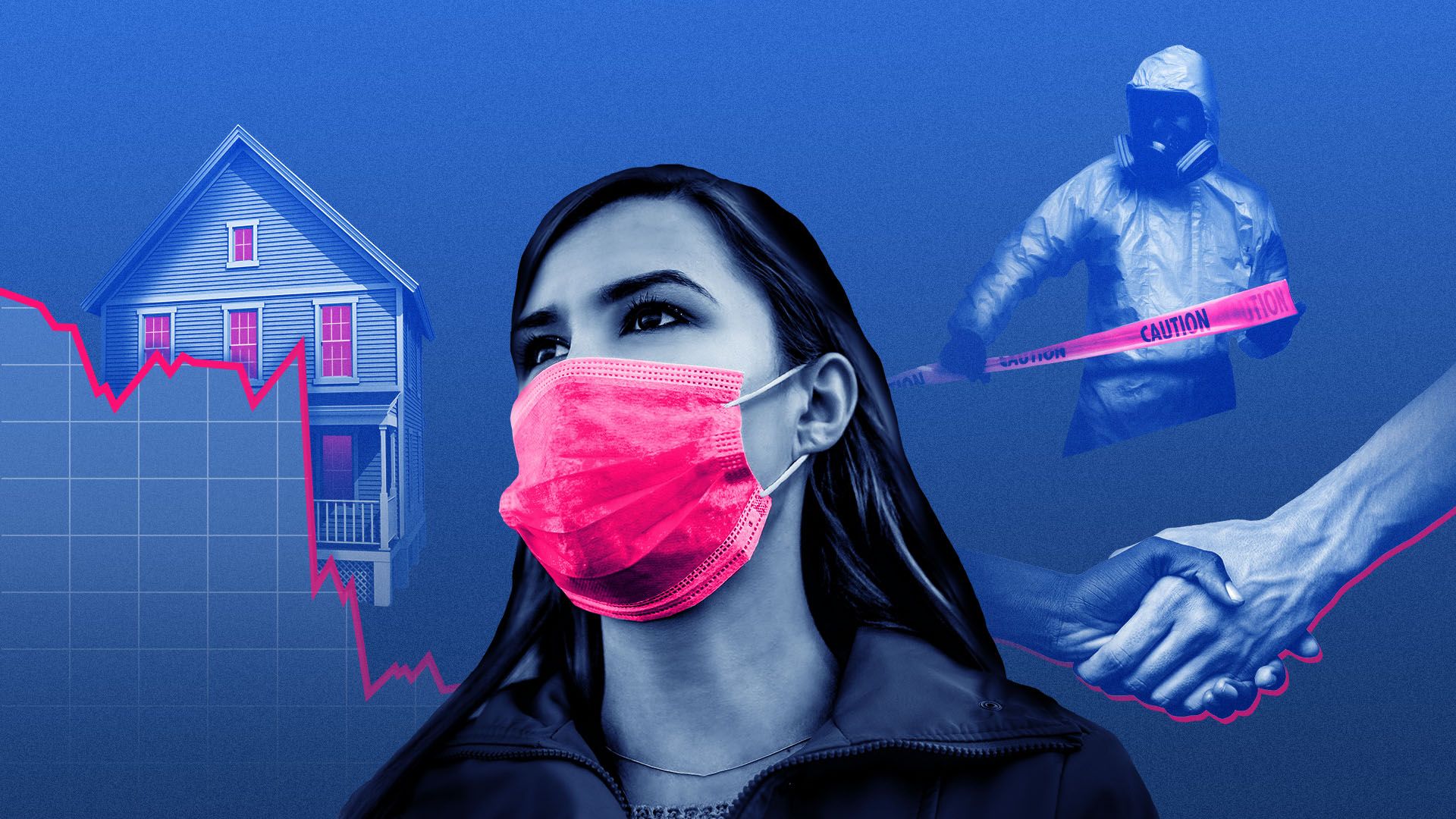 Illustration of a woman in a medical mask surrounded by a falling trend line, a house, a person in a hazmat suit with caution tape, and two hands shaking
