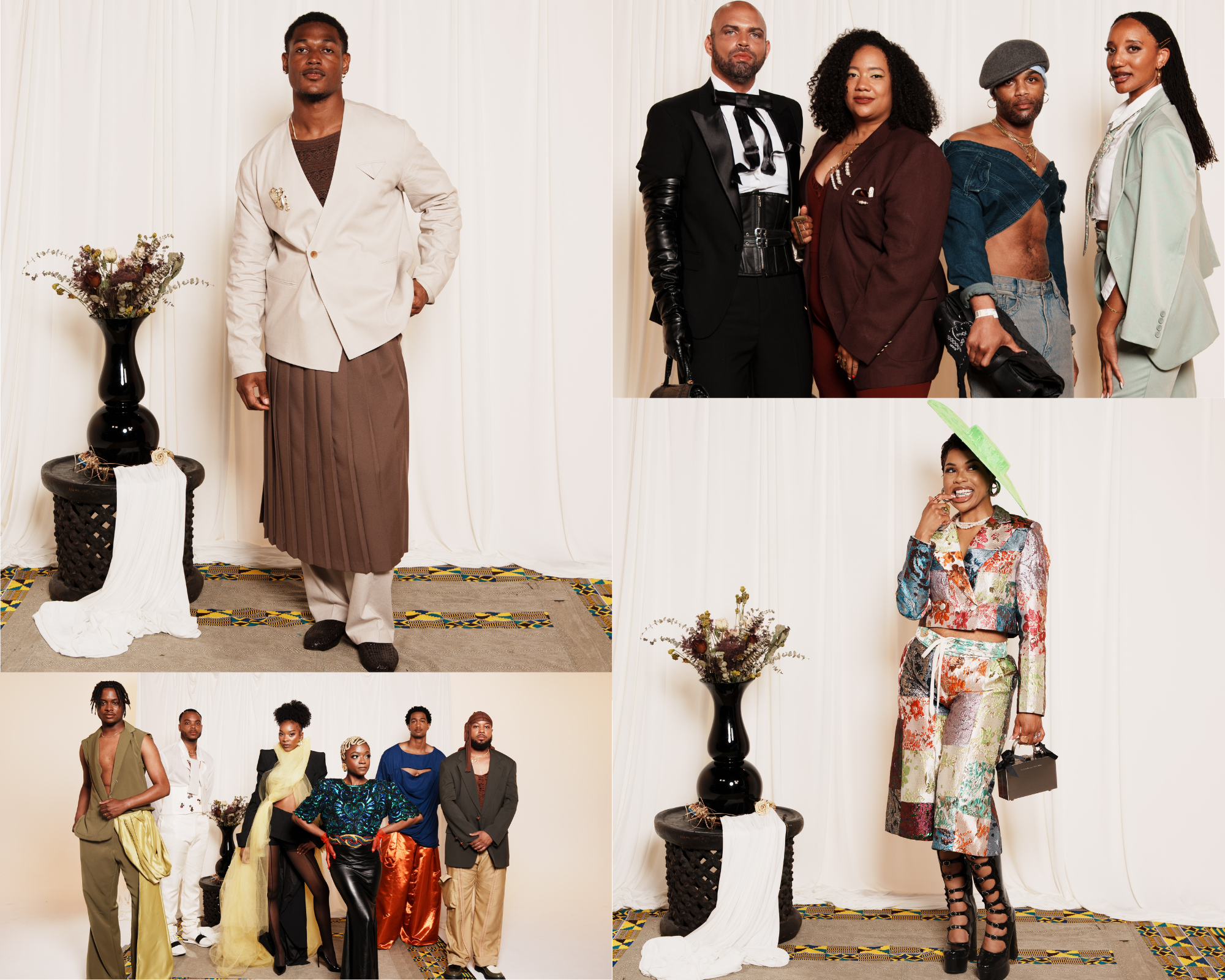 Charlotte's Met Gala event. Collage of diverse fashion models showcasing avant-garde outfits featuring bold colors and unique styles, including a beige blazer with brown skirt, vibrant patchwork suit, and eclectic group ensembles.