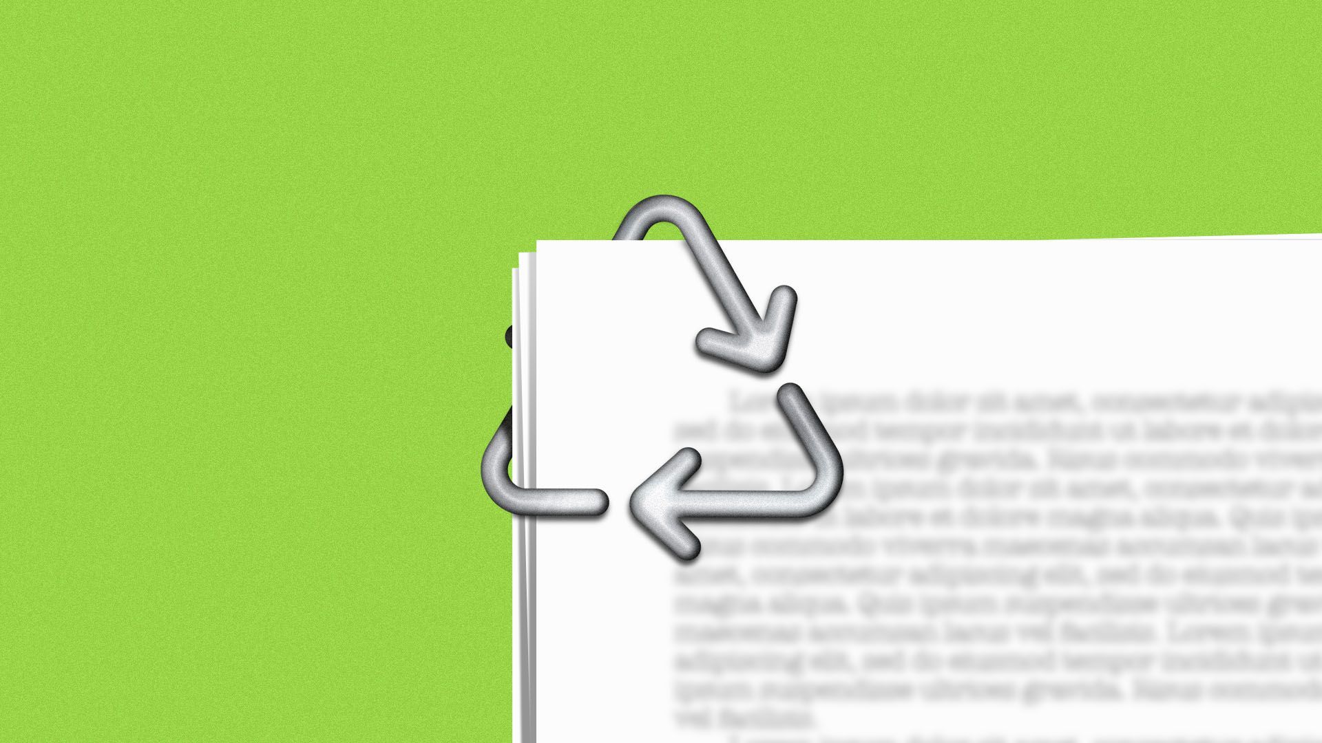 Illustration of a sheaf of papers with a recycle-sign shaped paper clip