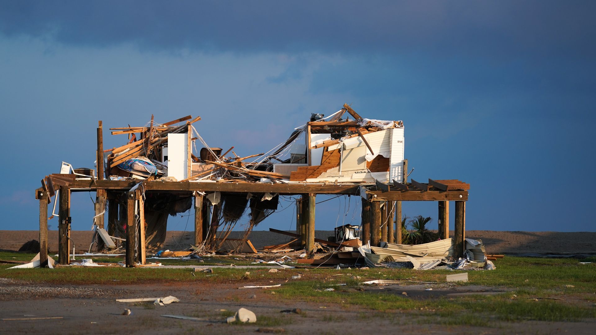 A destroyed house in Grand Isle Louisiana after Hurricane Ida struck on Aug. 29, 2021.