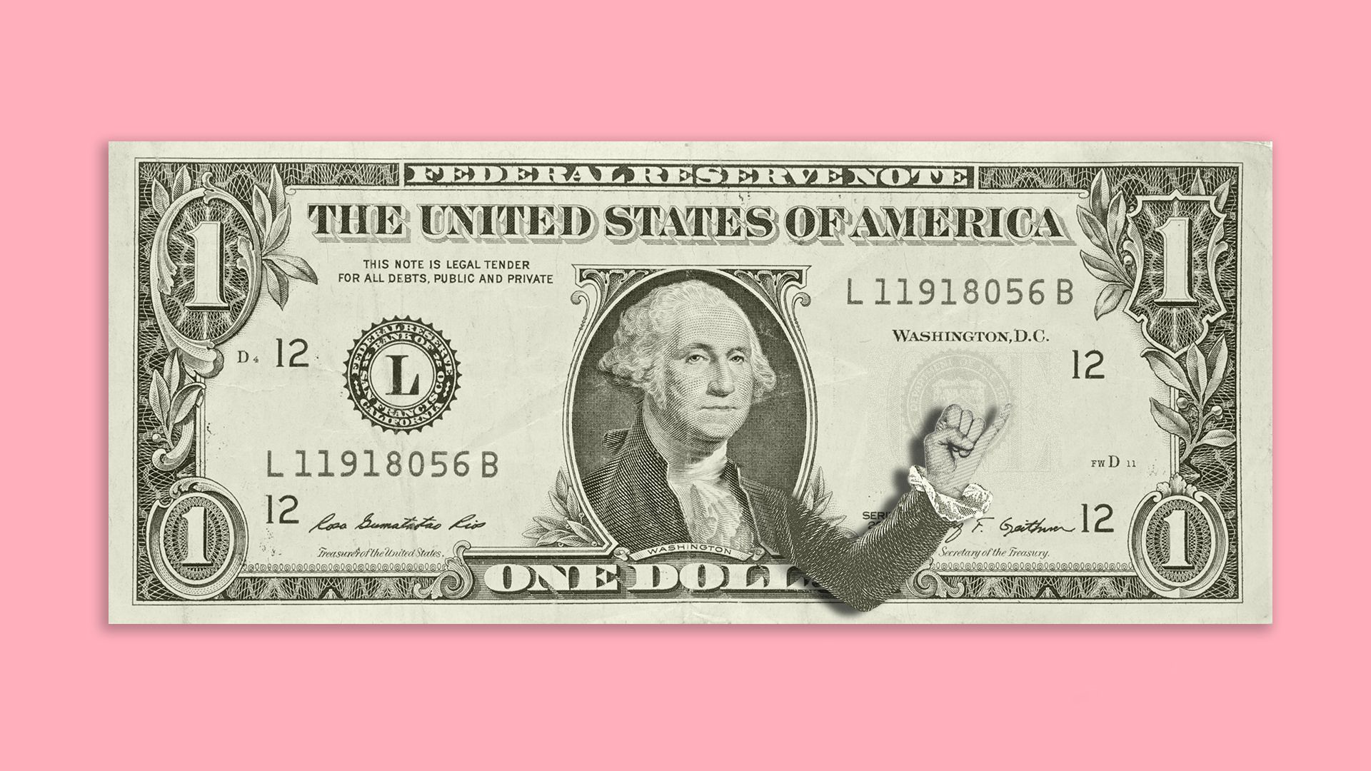 Illustration of a one dollar bill with George Washington reaching out for a pinky promise.   