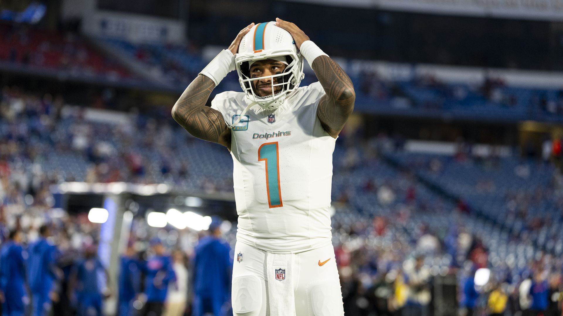 ORCHARD PARK, NEW YORK - SEPTEMBER 18: Tua Tagovailoa #1 of the Miami Dolphins reacts prior to an NFL football game against the Buffalo Bills at Highmark Stadium on September 18, 2025 in Orchard Park, New York. (Photo by Michael Owens/Getty Images)
