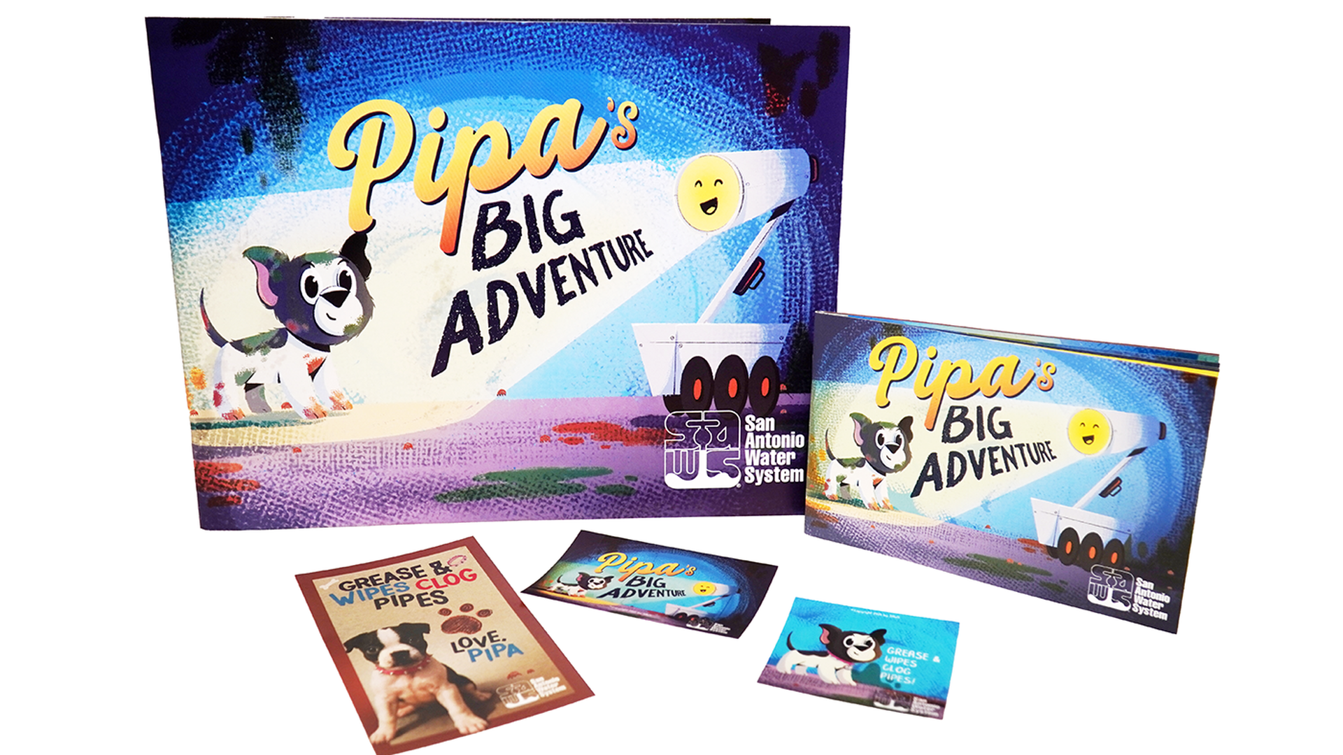 The book "Pipa's Big Adventure" is shown against a white background next to a sticker sheet.