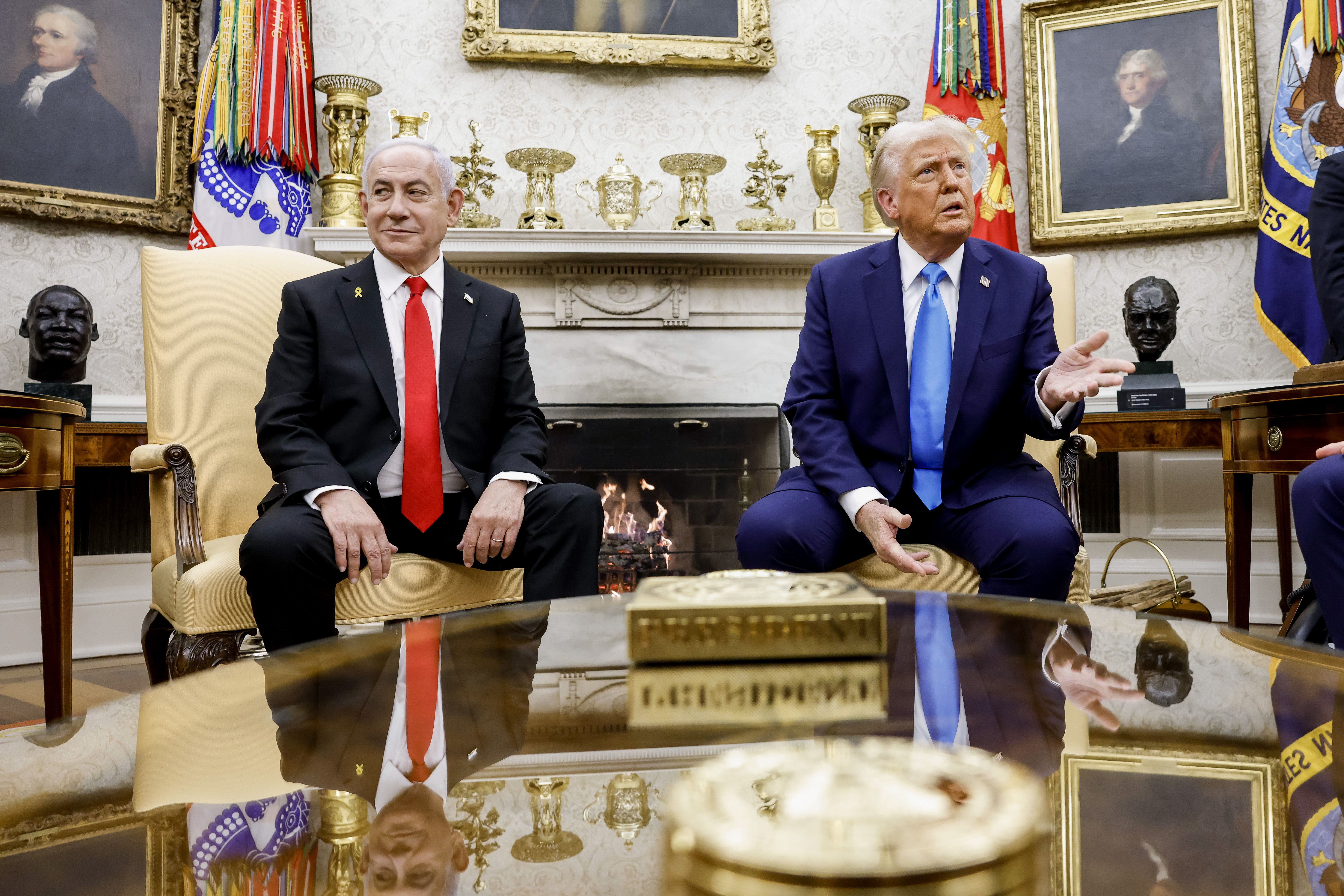 President Trump and Israeli Prime Minister Benjamin Netanyahu meet in the Oval Office yesterday.