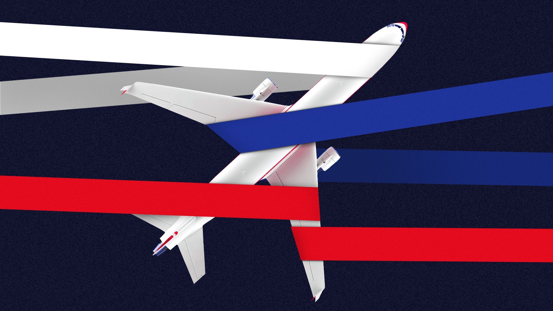 an illustration of a plane wrapped in white, blue and tape that forms the stripes of the russian flag