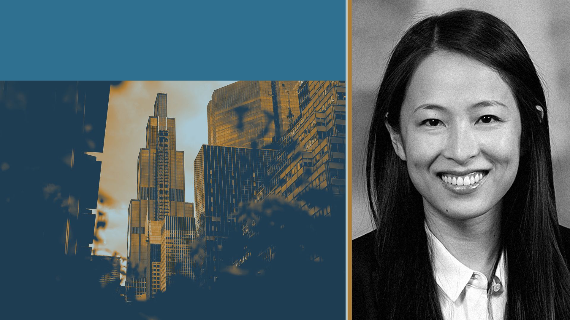 Photo illustration of Fei-Fei Zhang next to multicolored rectangles and a photo of JPMorganChase headquarters.