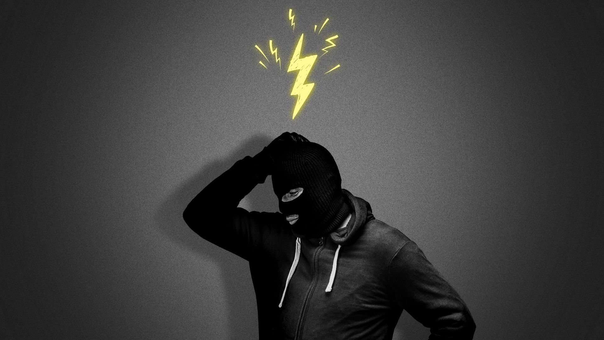 Illustration of a thief with a confused lightning-shaped squiggle above his head. 