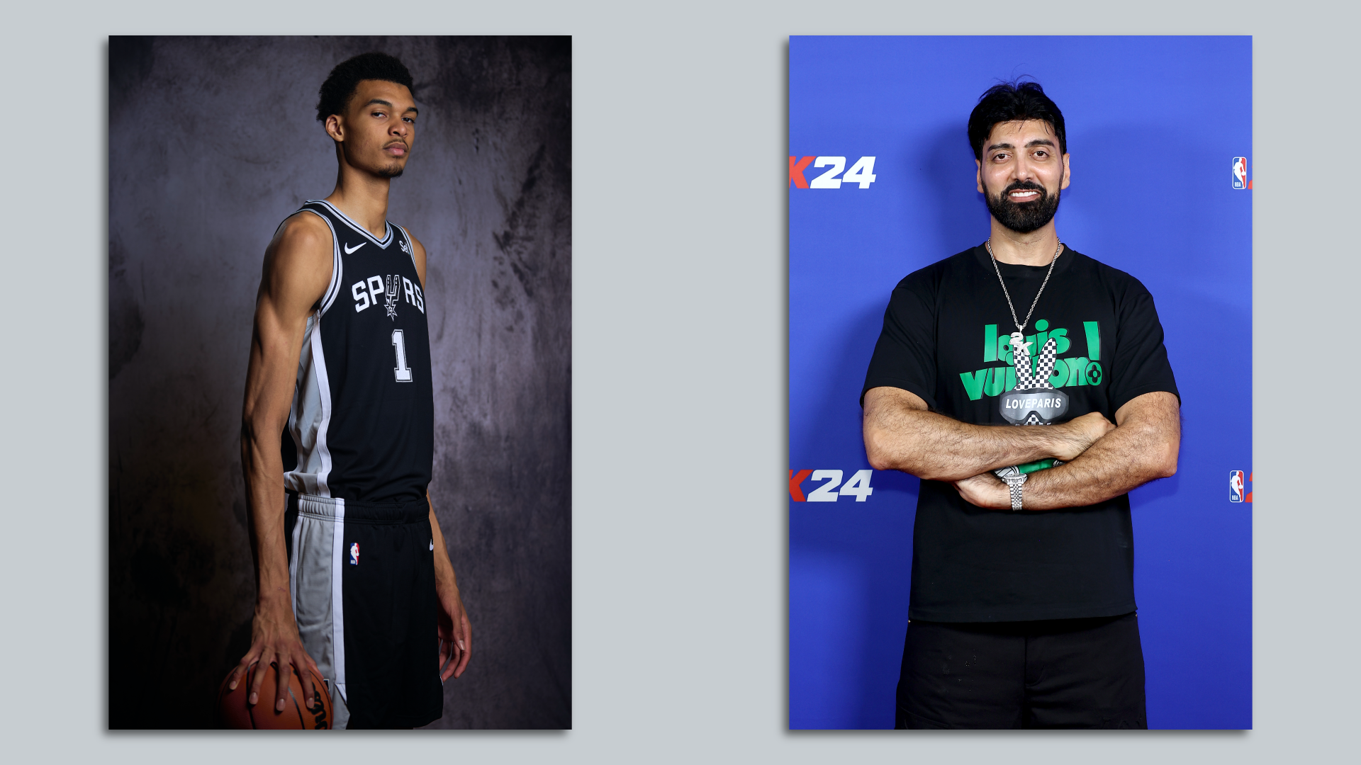 Side-by-side photos of Victor Wembanyama and Ronnie Singh on a grey background. 