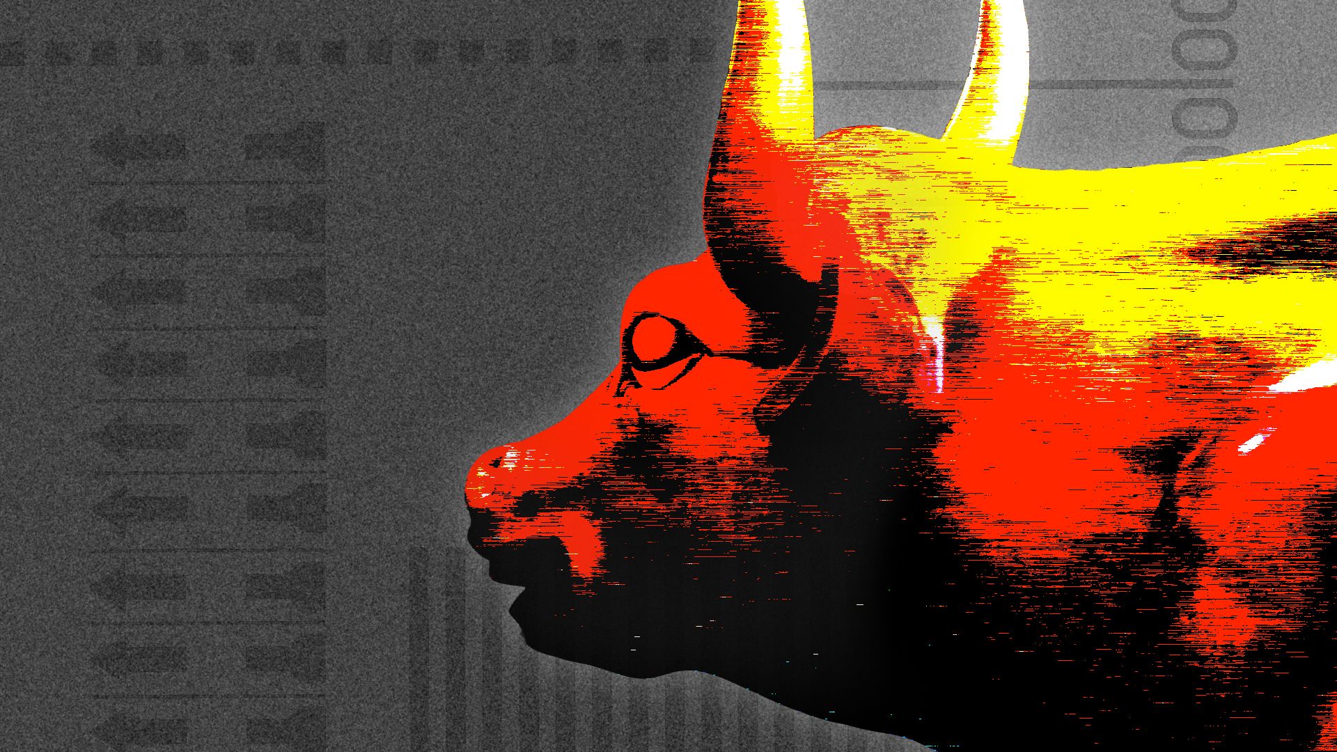 Photo illustration of the Wall Street bull statue, glowing, with a worried look on its face, and rendered in primary colors and a static pattern, over a divided grayscale background with elements of ballots.