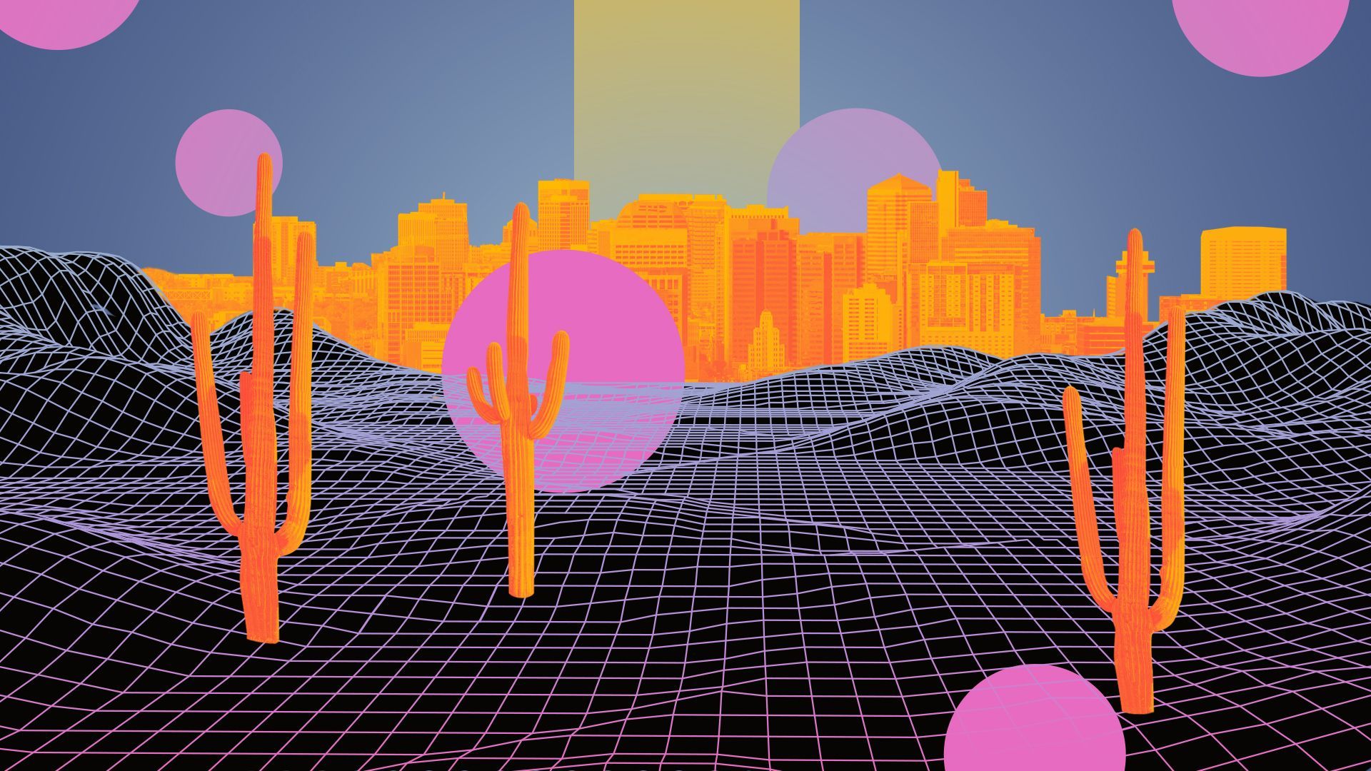 Illustration of a wireframe futuristic cityscape of Phoenix surrounded by abstract circles and radical colors. 