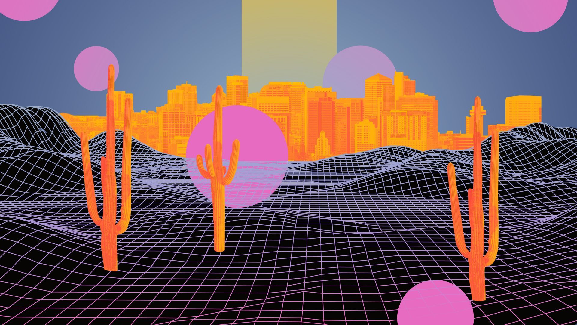 Illustration of a wireframe futuristic cityscape of Phoenix surrounded by abstract circles and radical colors.