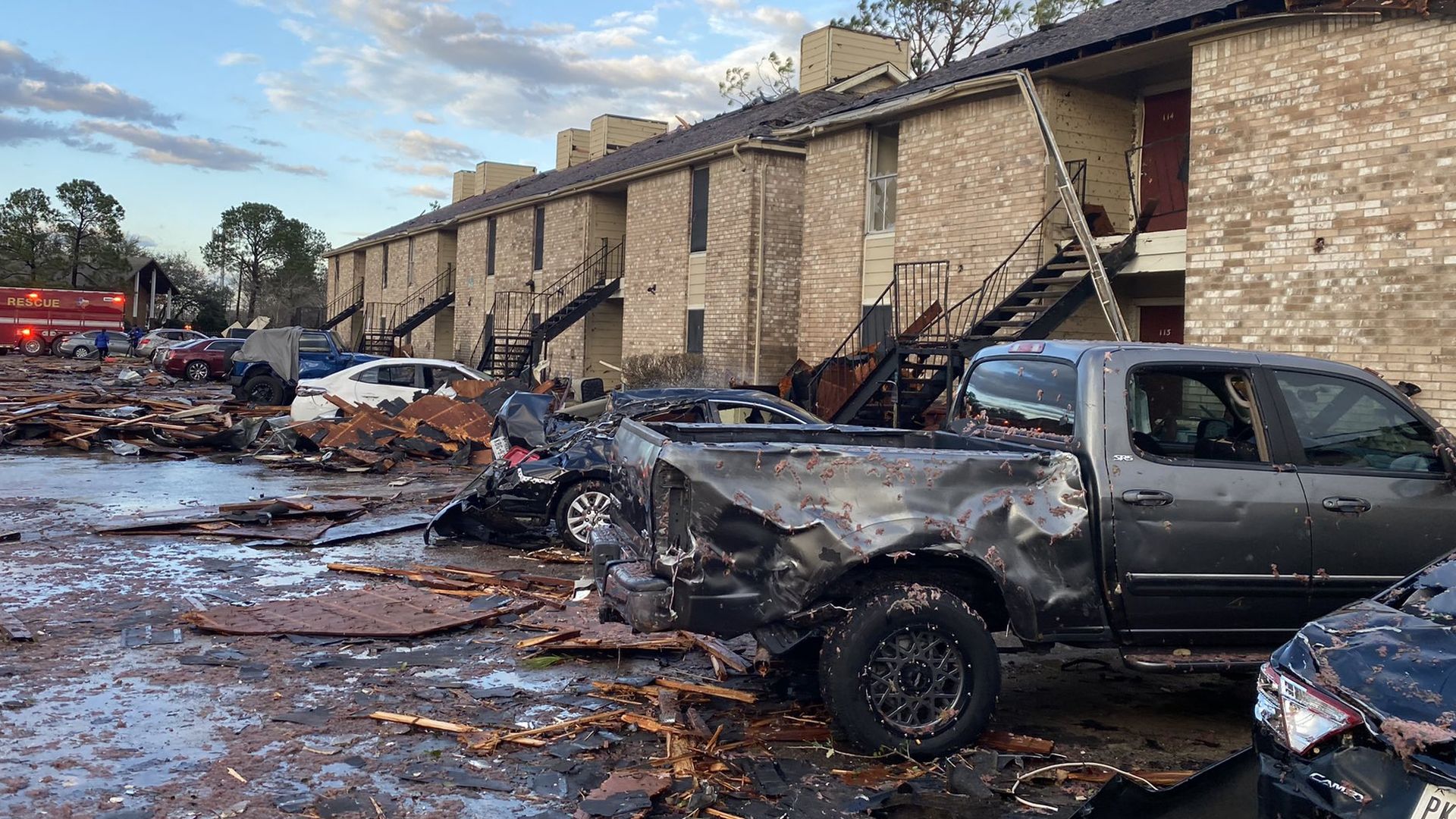 A photo showing damage from a reported tornado in Houston, Texas.