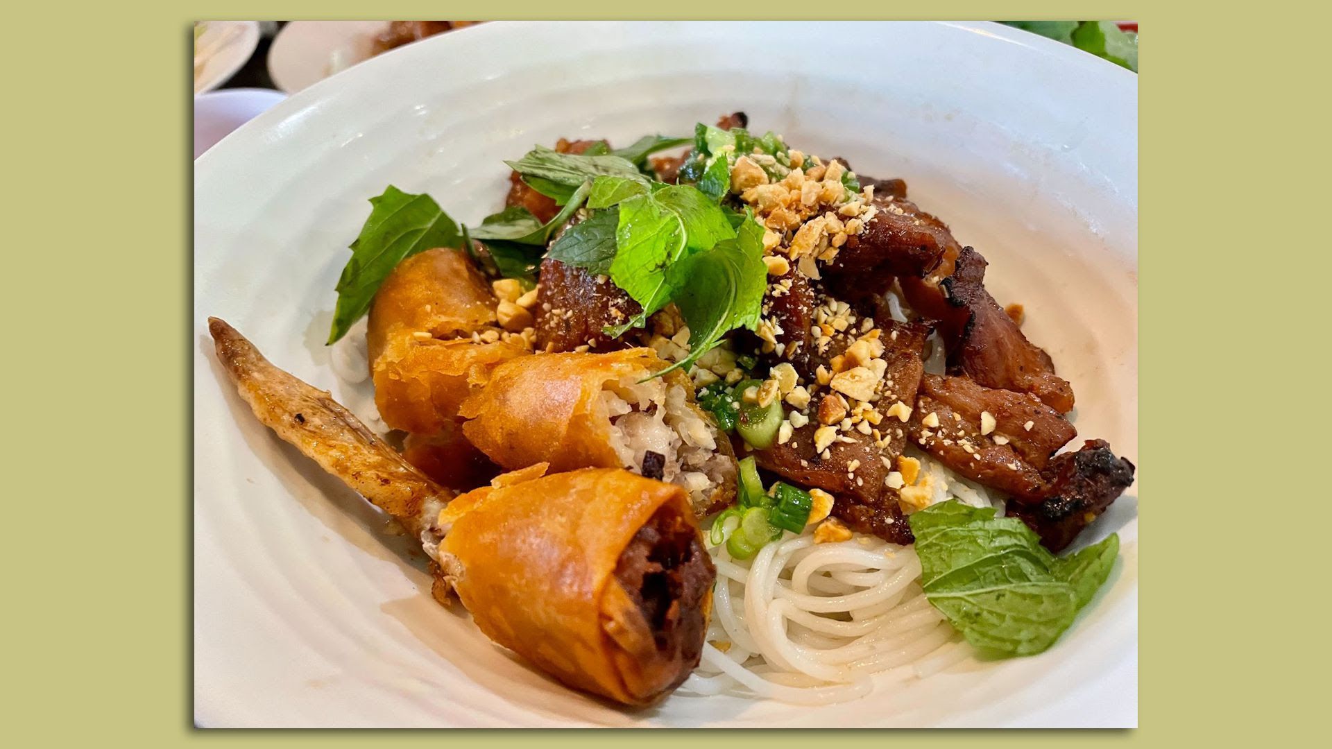 A plate of Thit nuong (pork) vermicelli at Pho All Seasons in Des Moines.