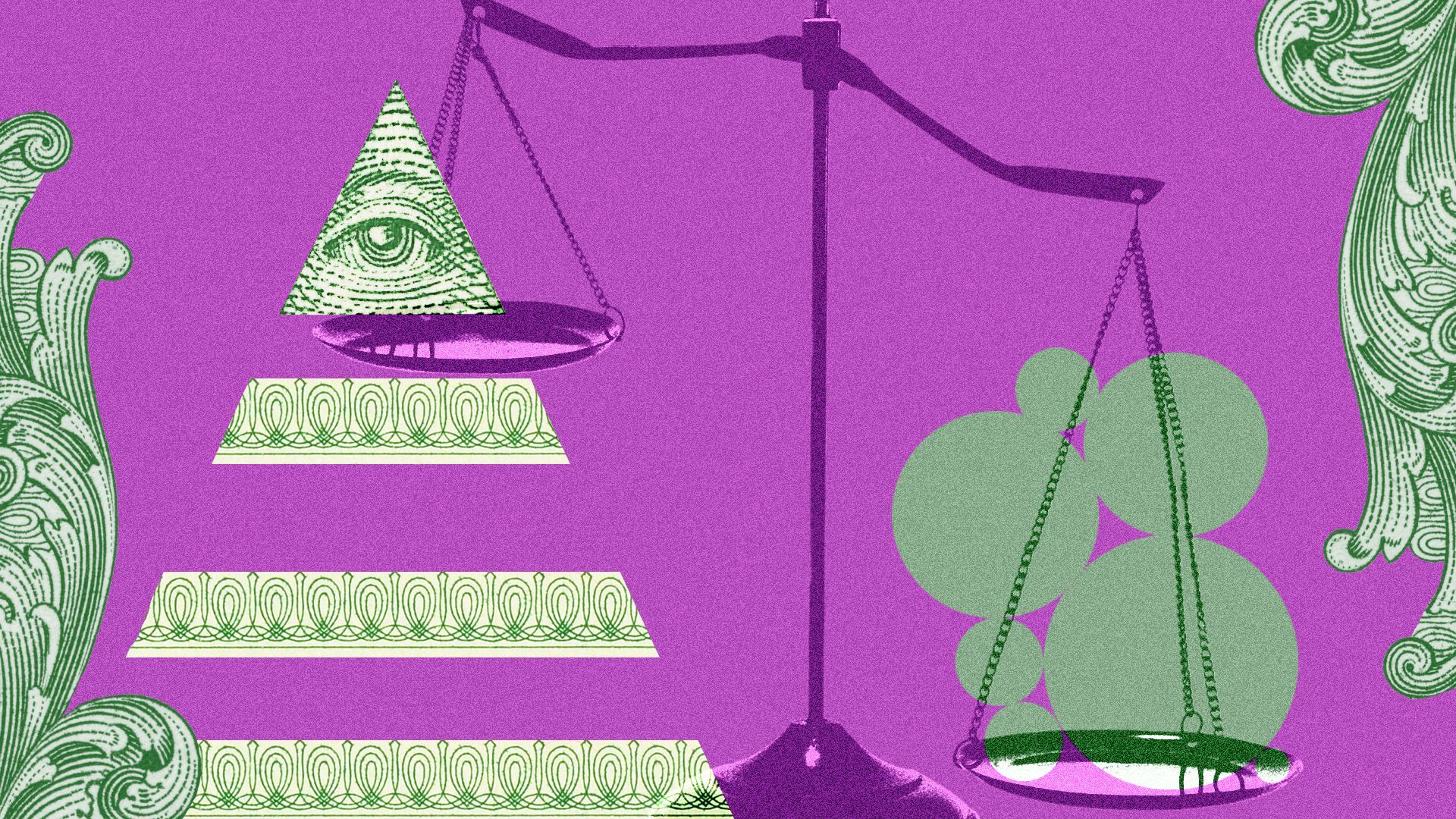 Abstract illustration of bits of money and a tilted scale of justice.