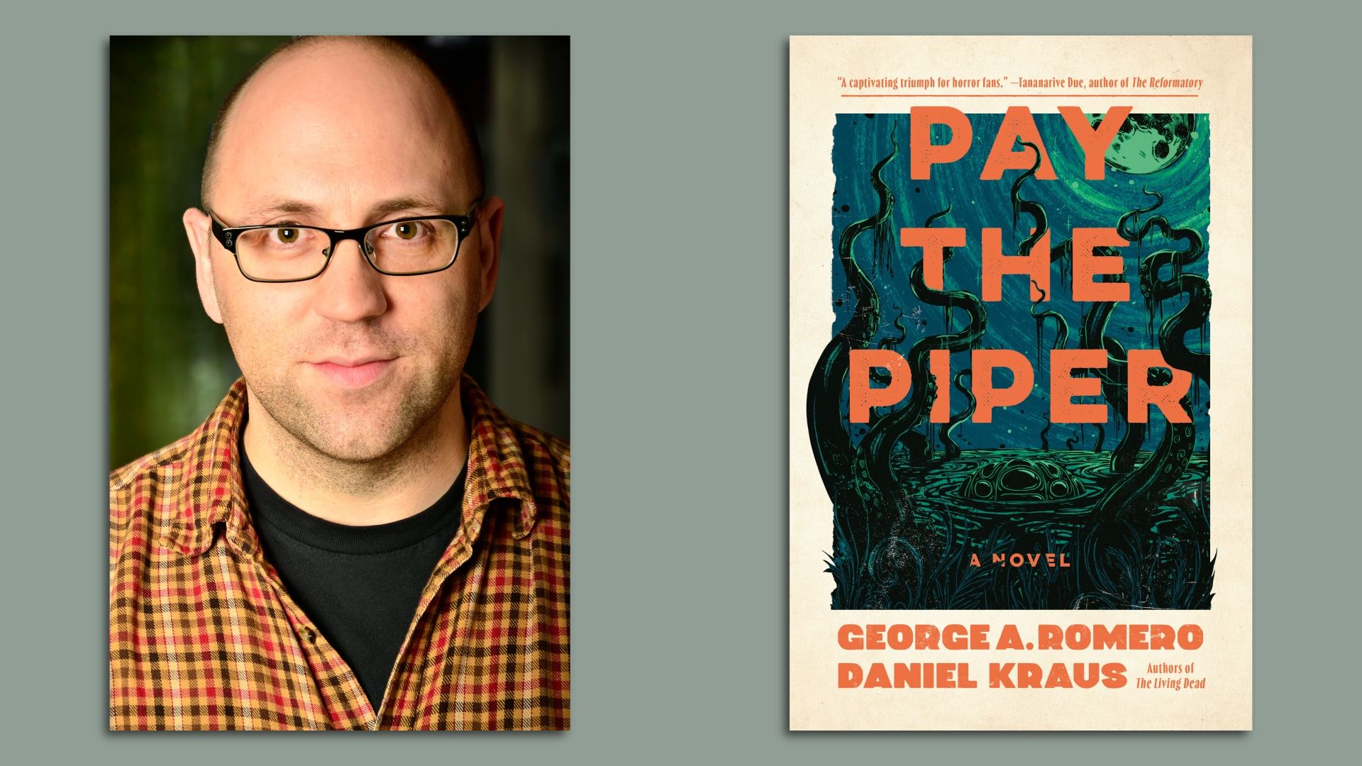 Headshot of man with glasses and plaid shirt next to book cover "Pay the Piper" in orange letters.